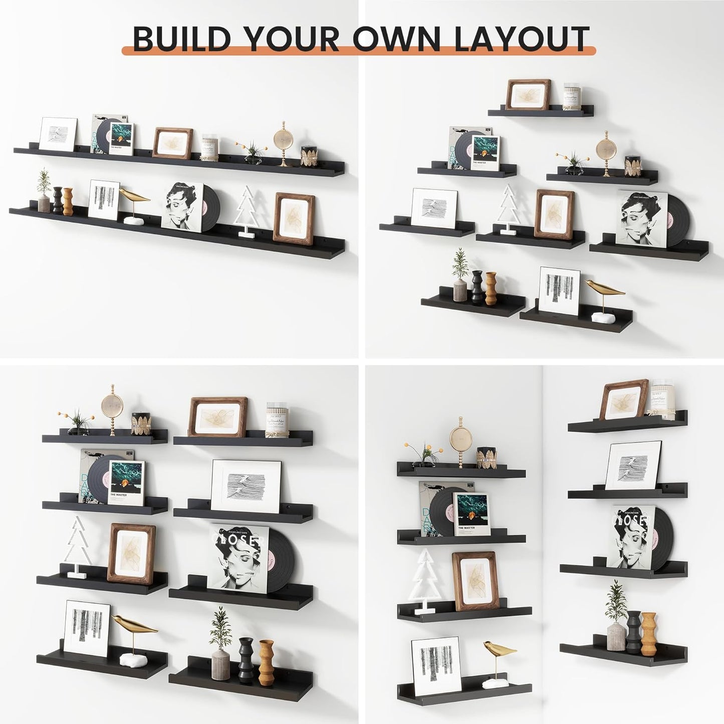 ShelfLoft 16" Wide x 4.4" Deep Picture Ledge Floating Shelves, Black-8 Pack