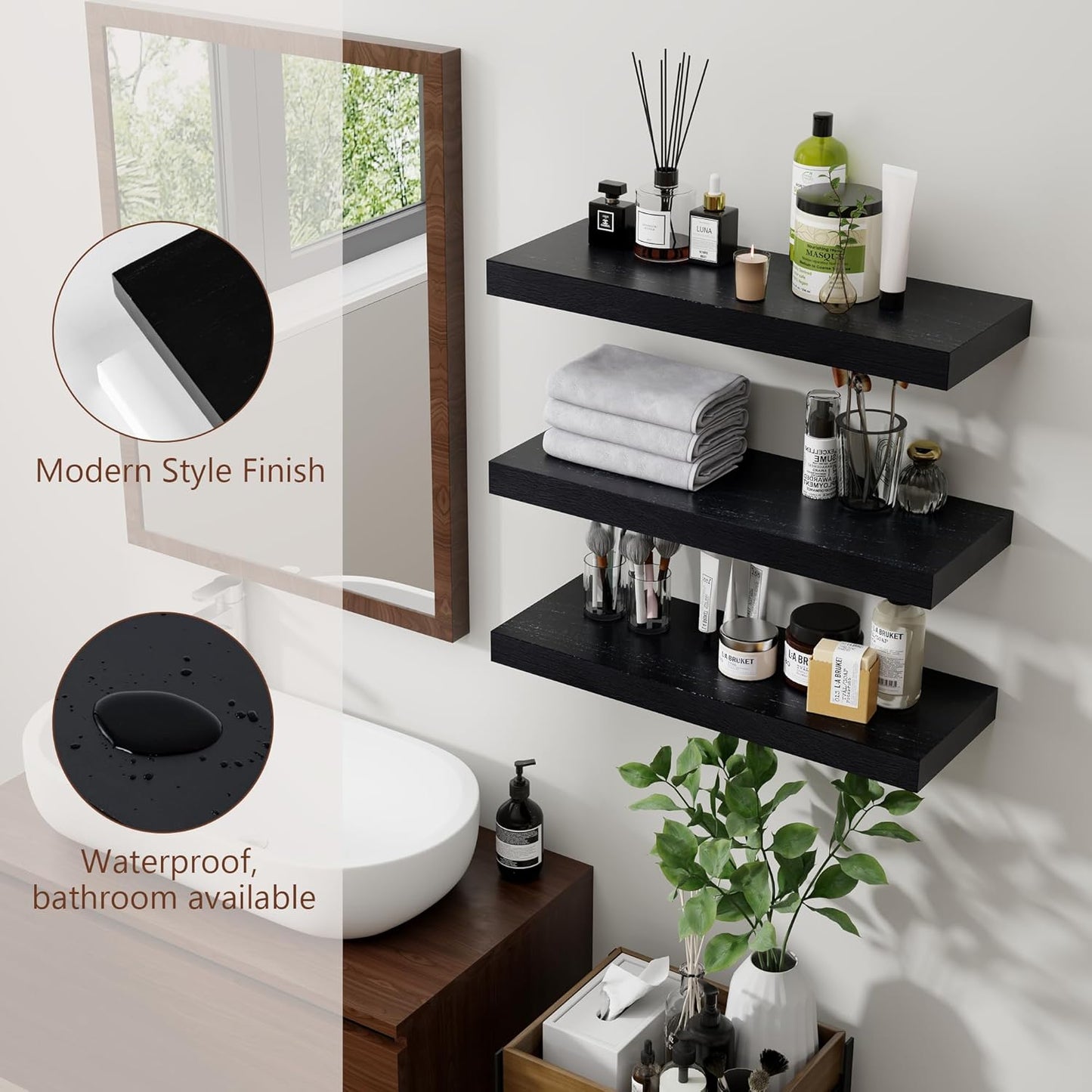 ShelfLoft 17"W x 6.7"D Paulownia Wood Wall Display Decor Floating Shelves,Black-3 Pack