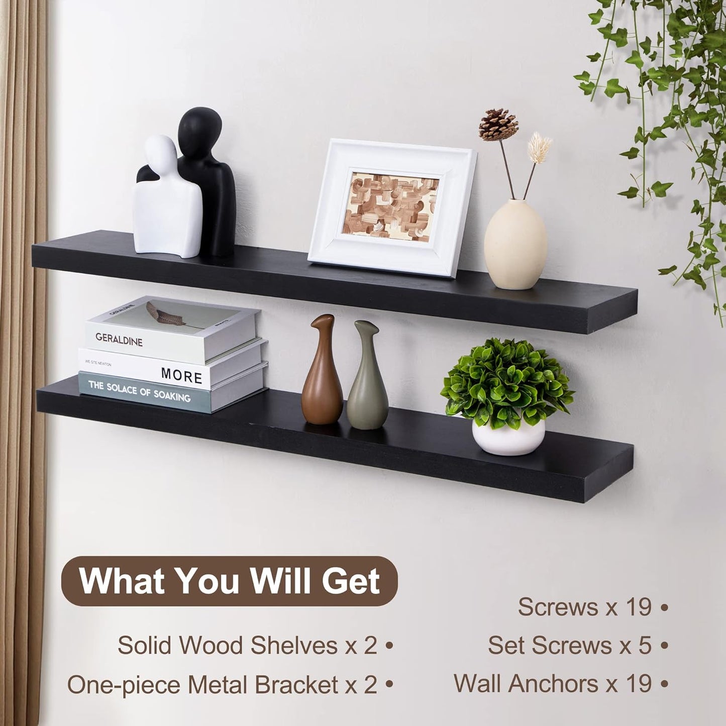 ShelfLoft 36"W x 6.7"D Paulownia Wood Wall Display Decor Floating Shelves,Black-2 Pack