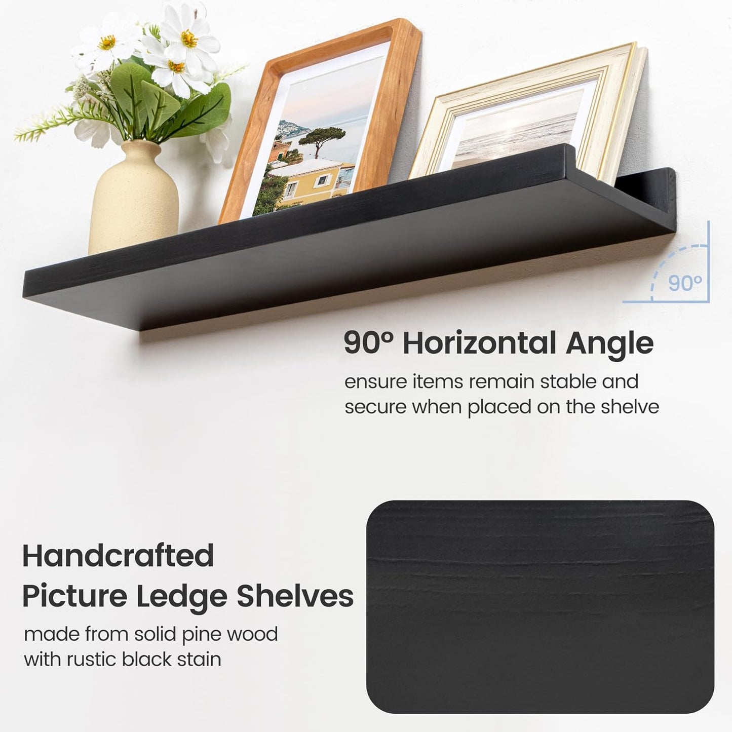 ShelfLoft 56"W x 5.5"D Black Pine Wood Picture Ledge Shelf Wall Shelves with Lip, 3 Pack