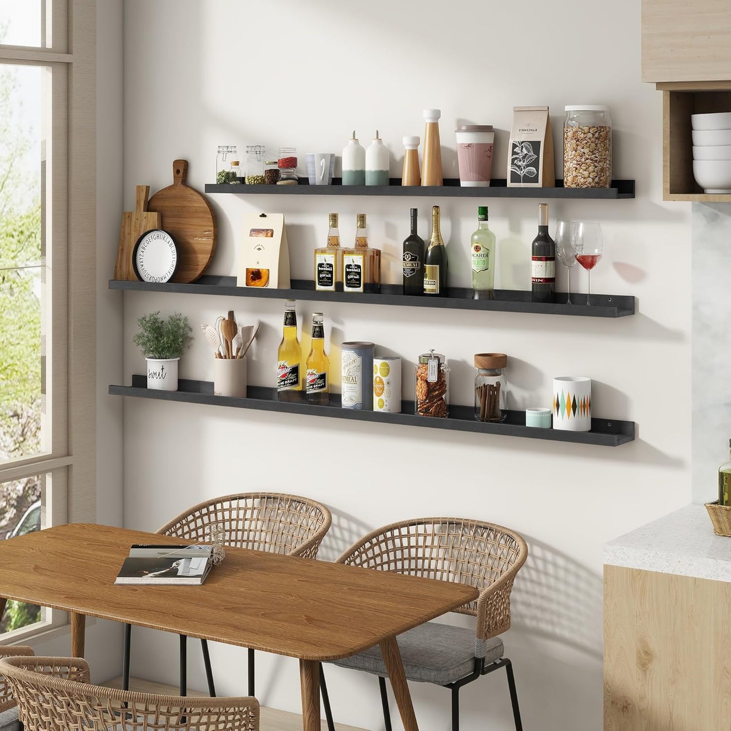 ShelfLoft 72"W x 5"D Black Pine Wood Picture Ledge Shelf Wall Shelves with Lip, 2 Pack