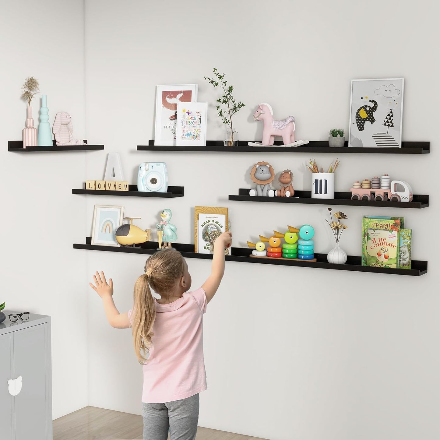 ShelfLoft 72" Wide x 4.7" Deep Picture Ledge Floating Shelves, Black-2 Pack