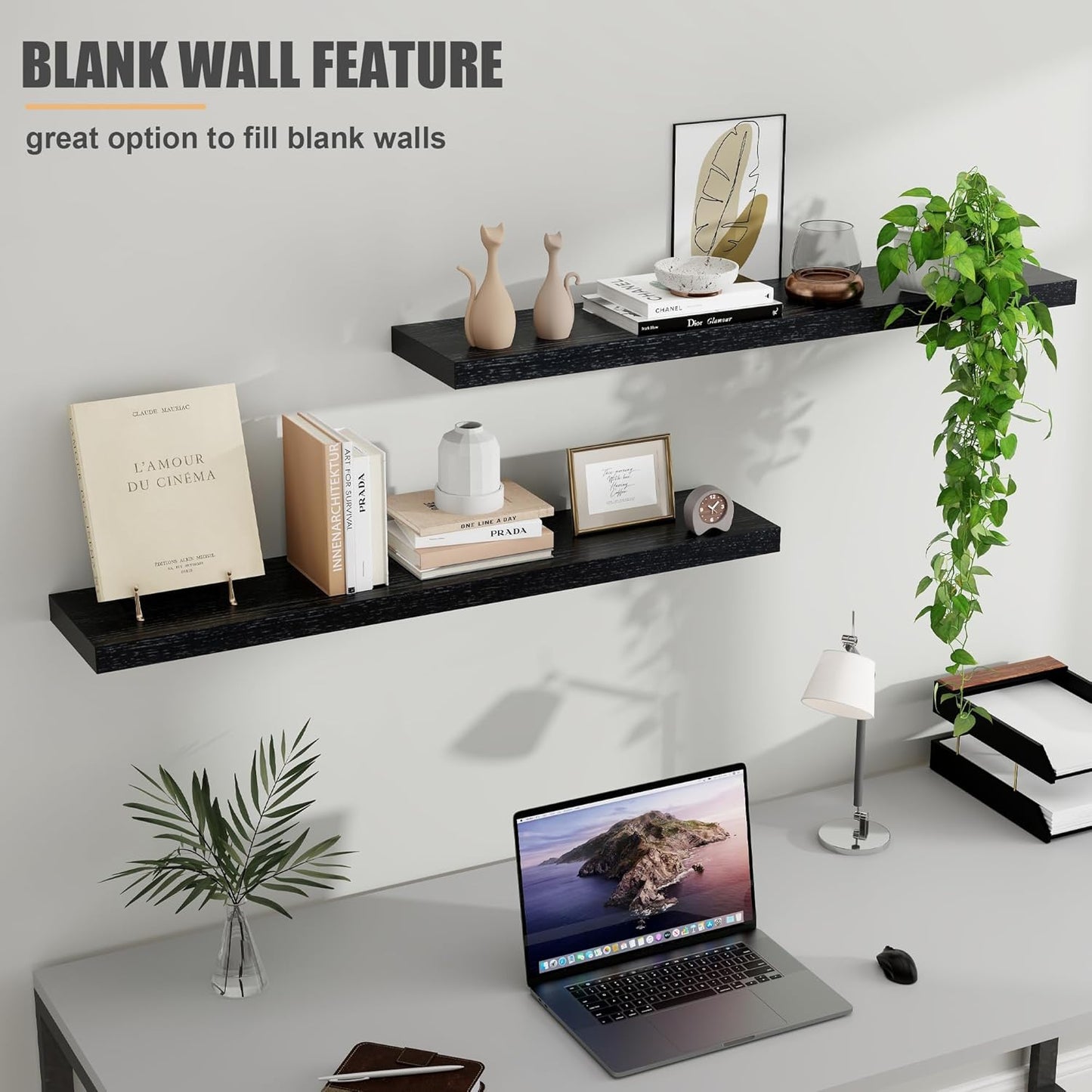 ShelfLoft 36" Wide x 8" Deep 77lbs Solid Oak Wood Floating Shelves Wall Mounted Display Shelf,Black Finish-2 Pack