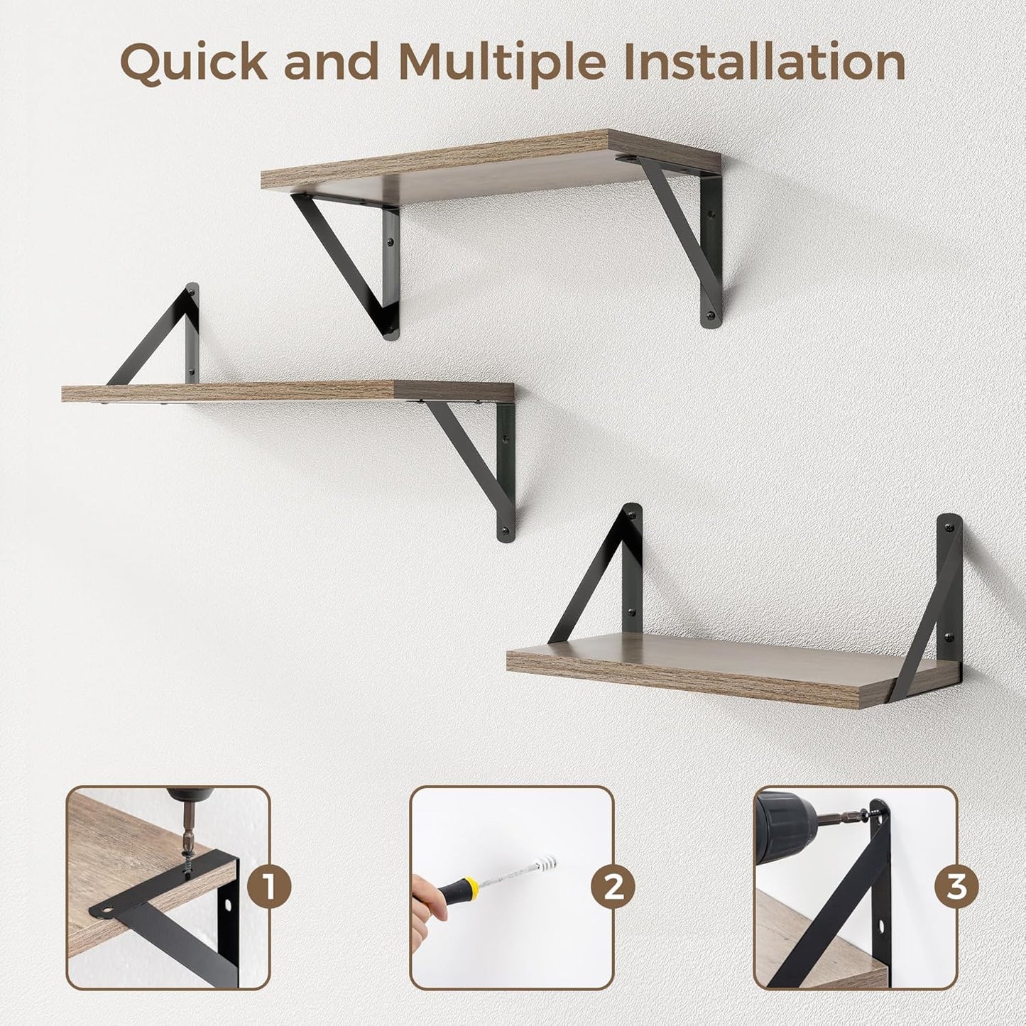 ShelfLoft 16.5" Wide x 5.9" Deep Grey Floating Shelves with Black Bracket, Set of 3