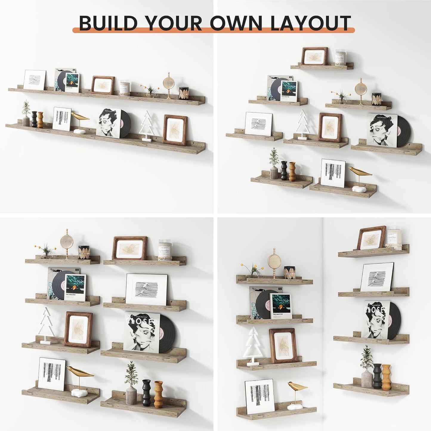 ShelfLoft 16" Wide x 4.4" Deep Picture Ledge Floating Shelves, Grey-8 Pack