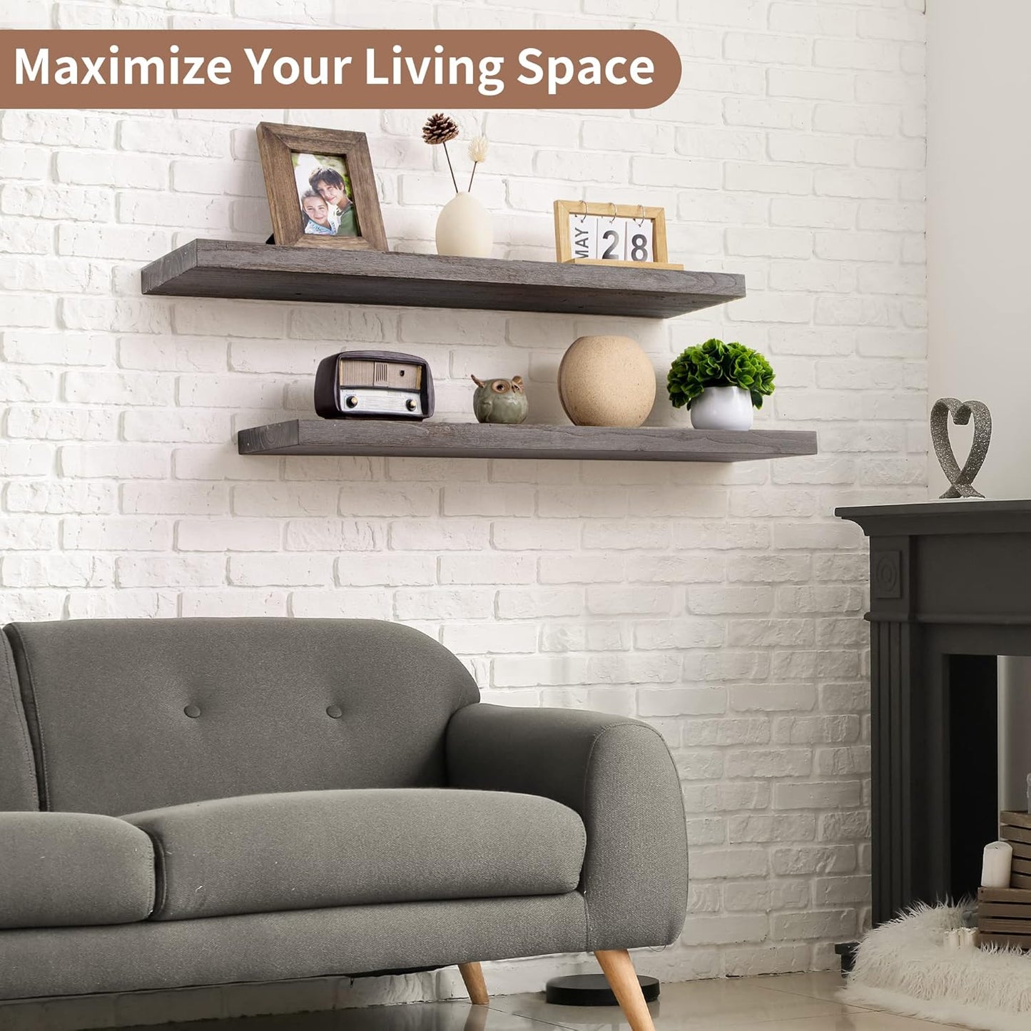 ShelfLoft 36"W x 8"D Rustic Solid Elm Wood Wall Shelves for Storage, Grey-2 Pack