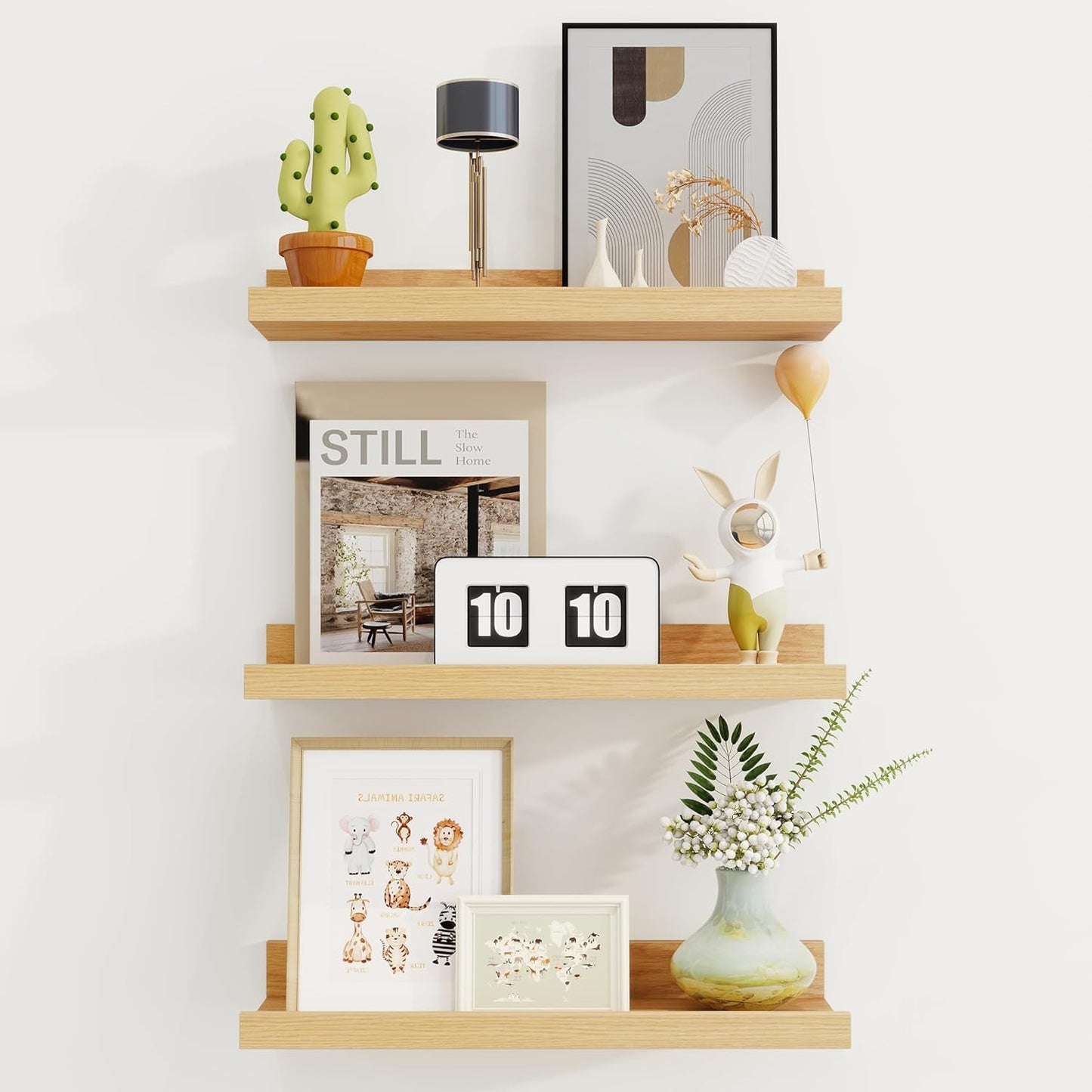 ShelfLoft 16"W x 4.2"D Oak Picture Ledge Shelf Floating Shelves with Lip Set of 3