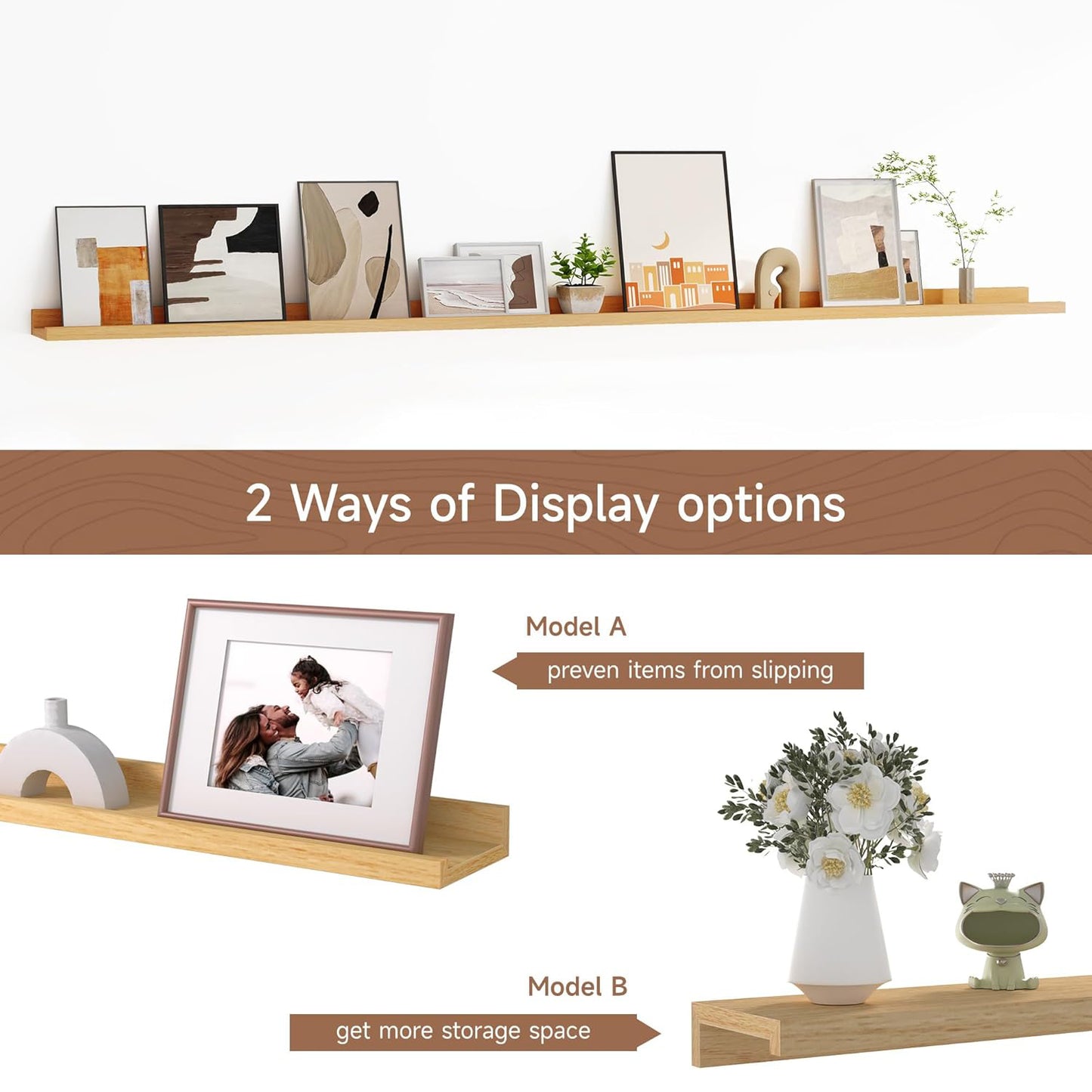 ShelfLoft 72“W x 3.5”D Oak Picture Ledge Shelf Wall Display Long Floating Shelves, 2 Pack