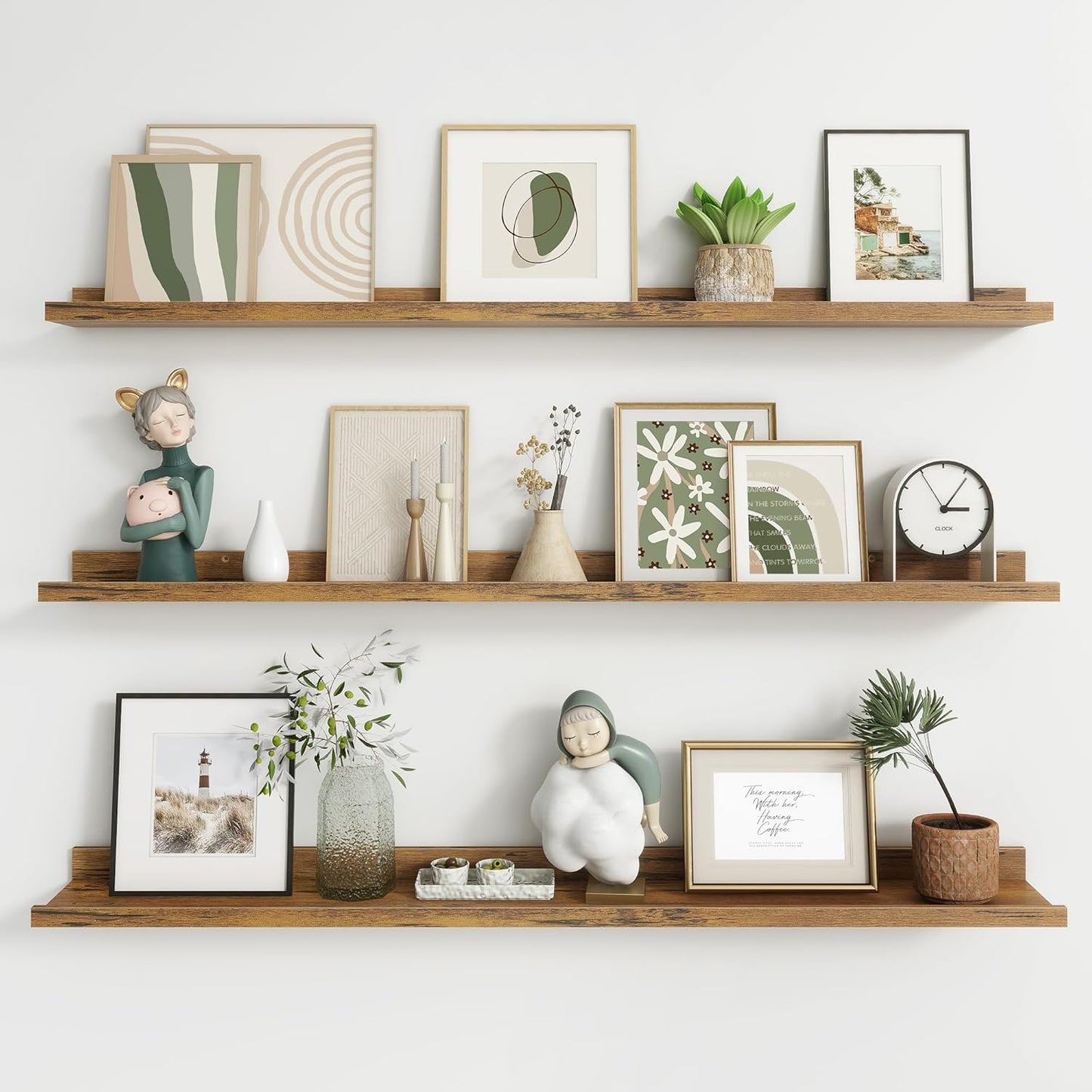 ShelfLoft 48"W x 4.2"D Rustic Brown Picture Ledge Shelf Floating Shelves with Lip Set of 3