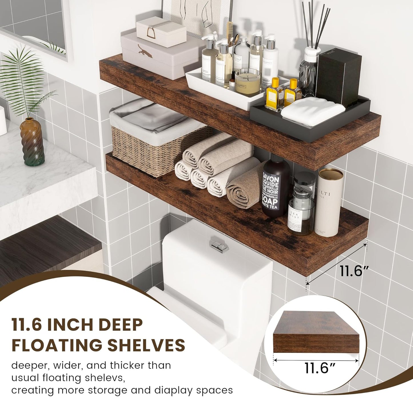 ShelfLoft 36"W x 11.6"D Rustic Brown Floating Shelves for Wall Storage, 2 Pack