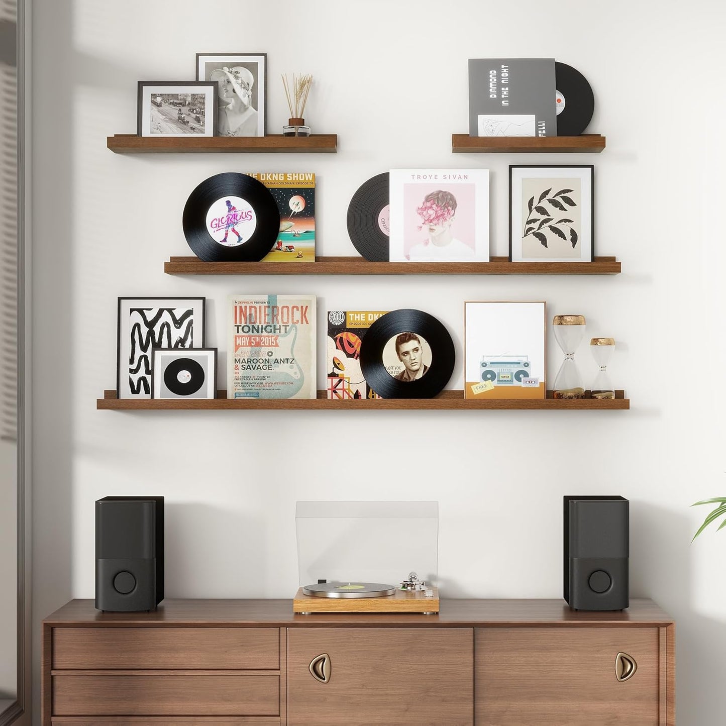 ShelfLoft 16"W x 5"D Walnut Pine Wood Picture Ledge Shelf Wall Shelves with Lip, 2 Pack