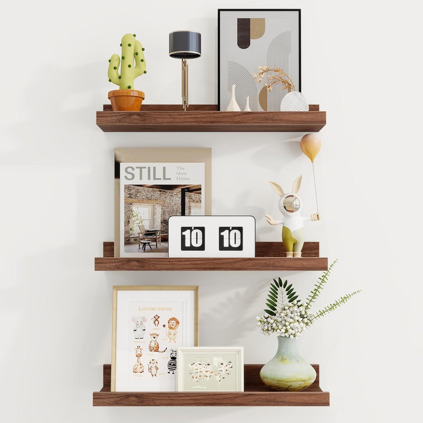 ShelfLoft 16"W x 4.2"D Walnut Picture Ledge Shelf Floating Shelves with Lip Set of 3