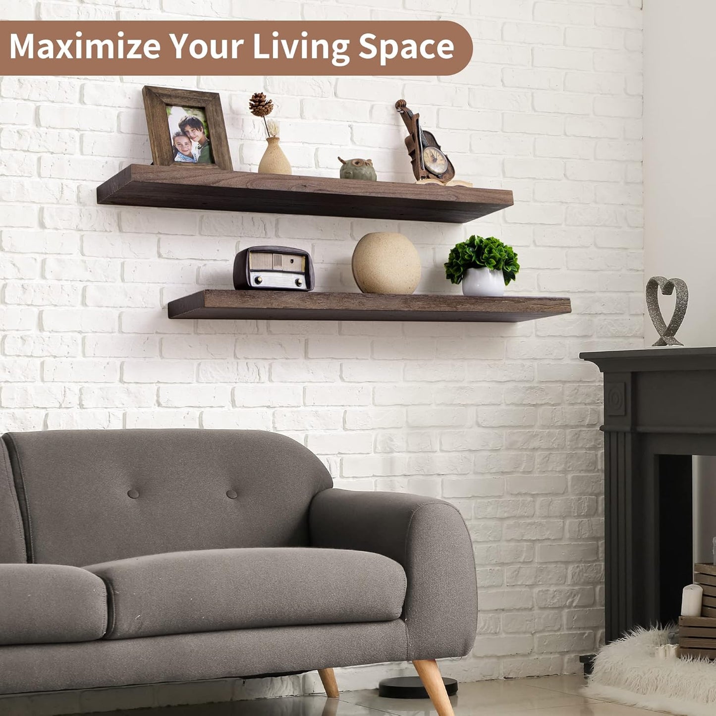 ShelfLoft 36"W x 8"D Rustic Solid Elm Wood Wall Shelves for Storage, Walnut-2 Pack