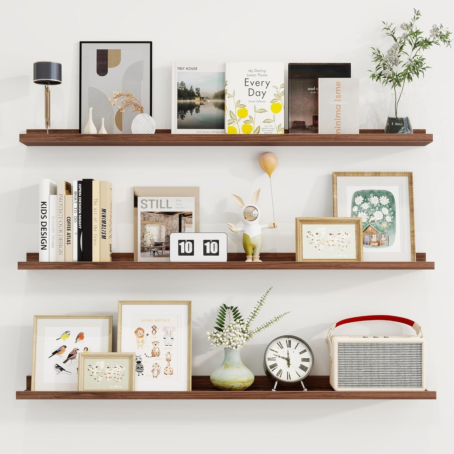 ShelfLoft 48"W x 4.2"D Walnut Picture Ledge Shelf Floating Shelves with Lip Set of 3