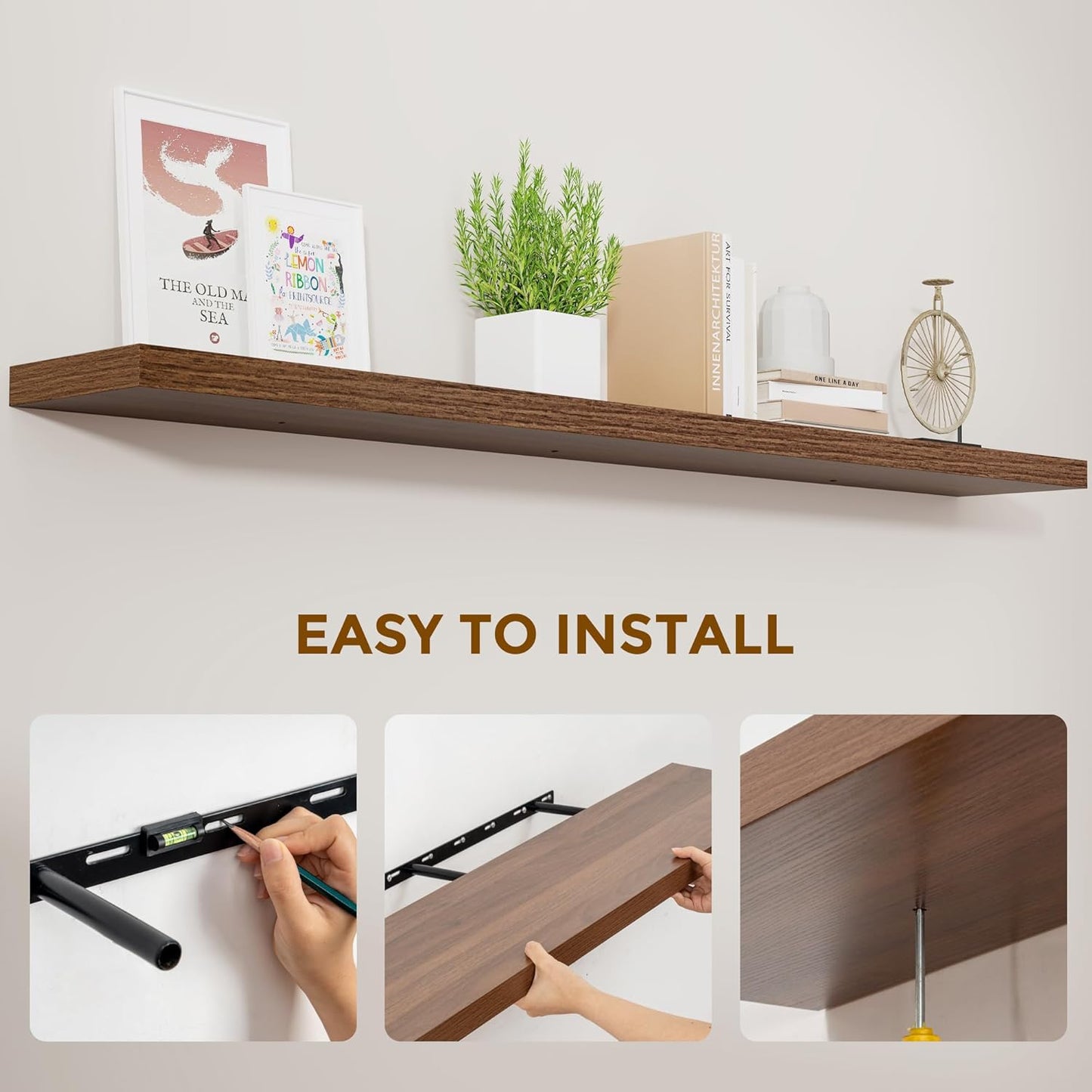 ShelfLoft 9.3"D x 1.5"H Walnut Floating Shelves for Wall Storage