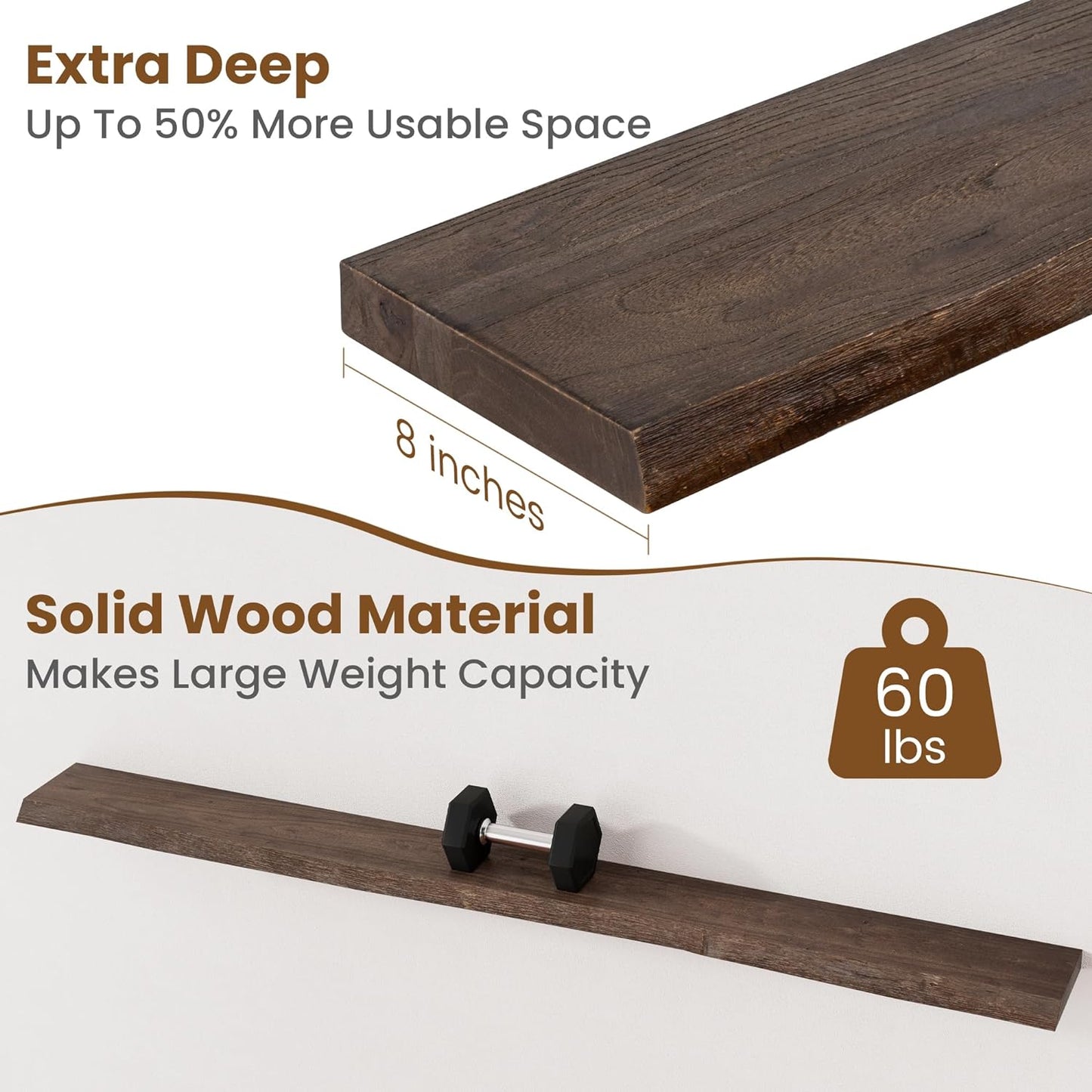 ShelfLoft 8"D x 1.5"H 60lbs Walnut Solid Elm Wood Floating Shelves