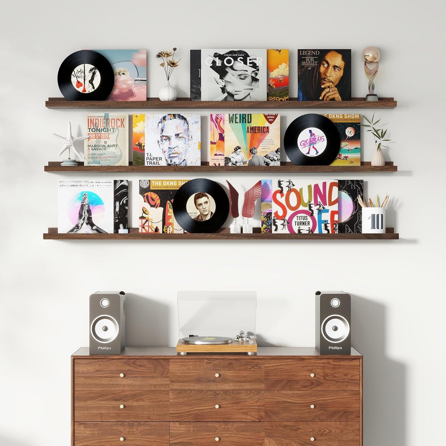 ShelfLoft 5.7"D x 2"H Walnut Picture Ledge Shelf Floating Shelves with Lip, Set of 3