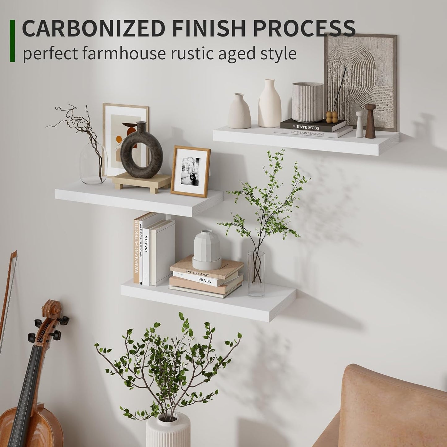 ShelfLoft 17"W x 6.7"D Natural Paulownia Wood Floating Shelves,Washed White-3 Pack