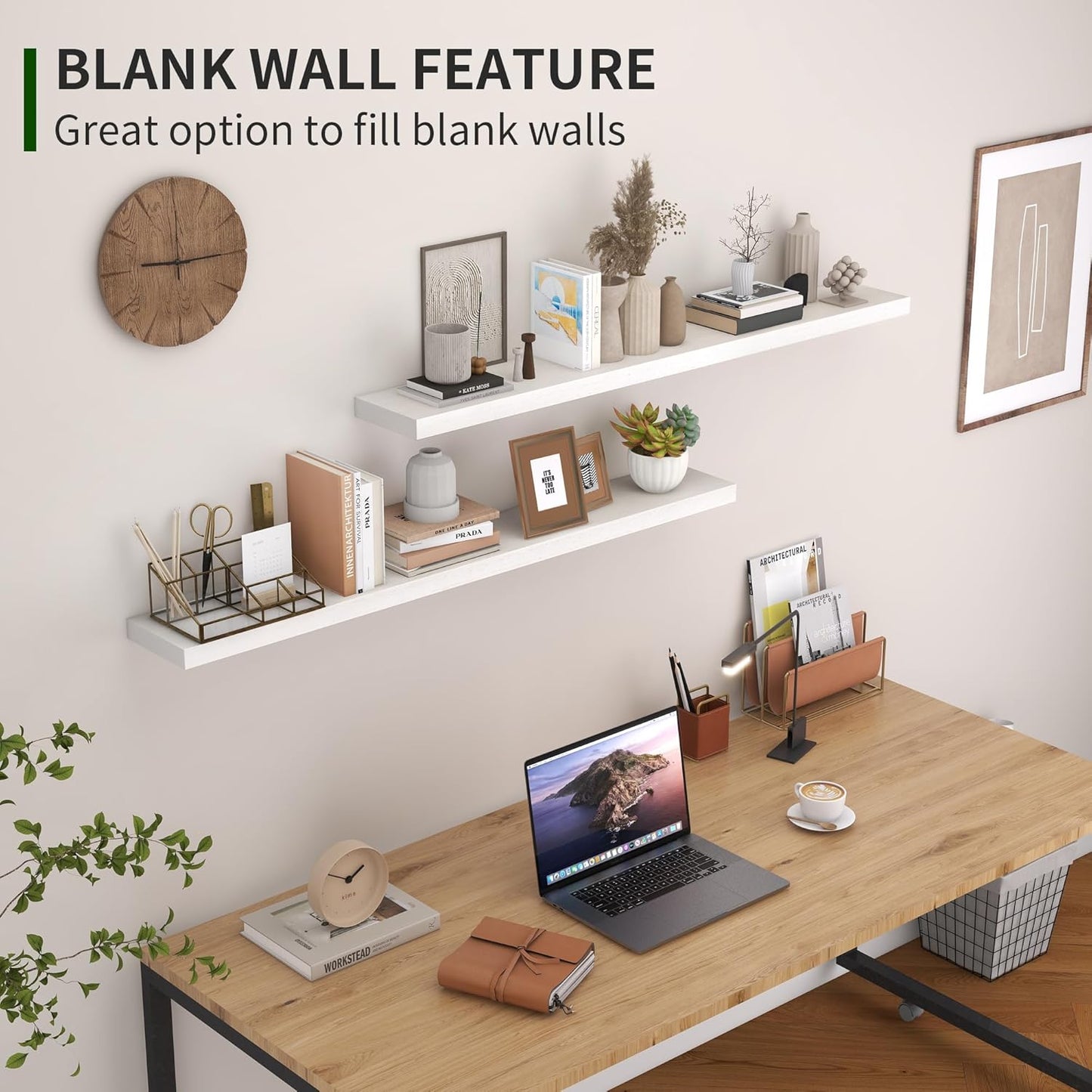 ShelfLoft 6.8"D x 1.4"H Washed White Natural Paulownia Wood Floating Shelves