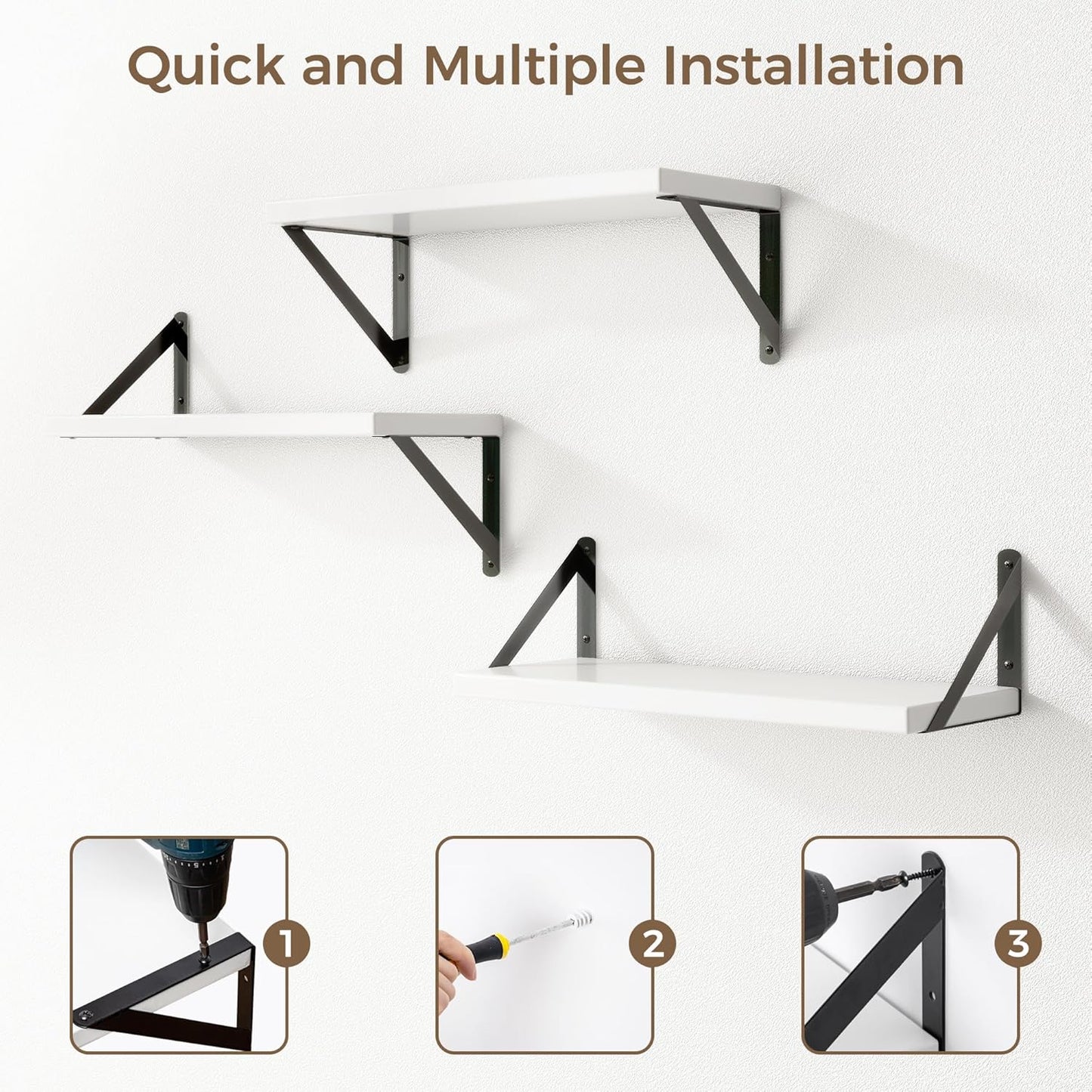 ShelfLoft 16.5" Wide x 6.7" Deep White Floating Shelves with Black Bracket, Set of 3