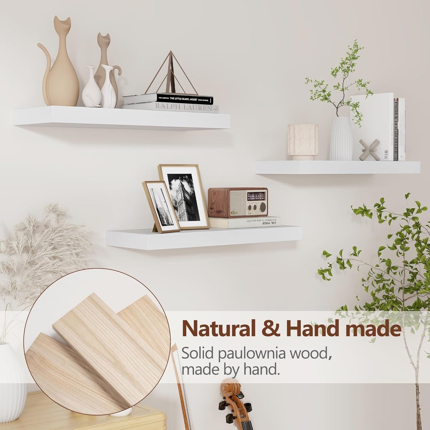 ShelfLoft 17" Wide x 6.7" Deep Paulownia Wood Wall Display Decor Floating Shelves, 3 Pack