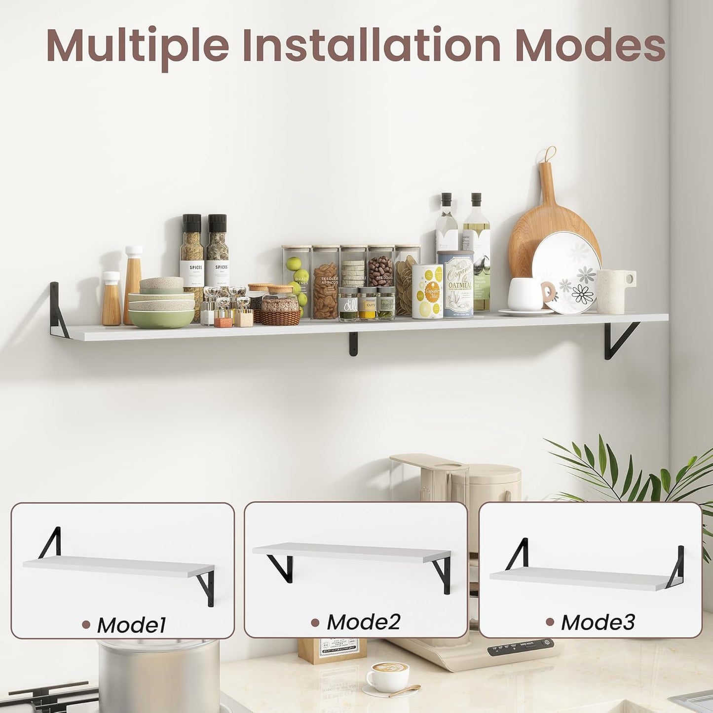 ShelfLoft 55" Wide x 8" Deep Floating Shelves with Brackets, White-2 Pack