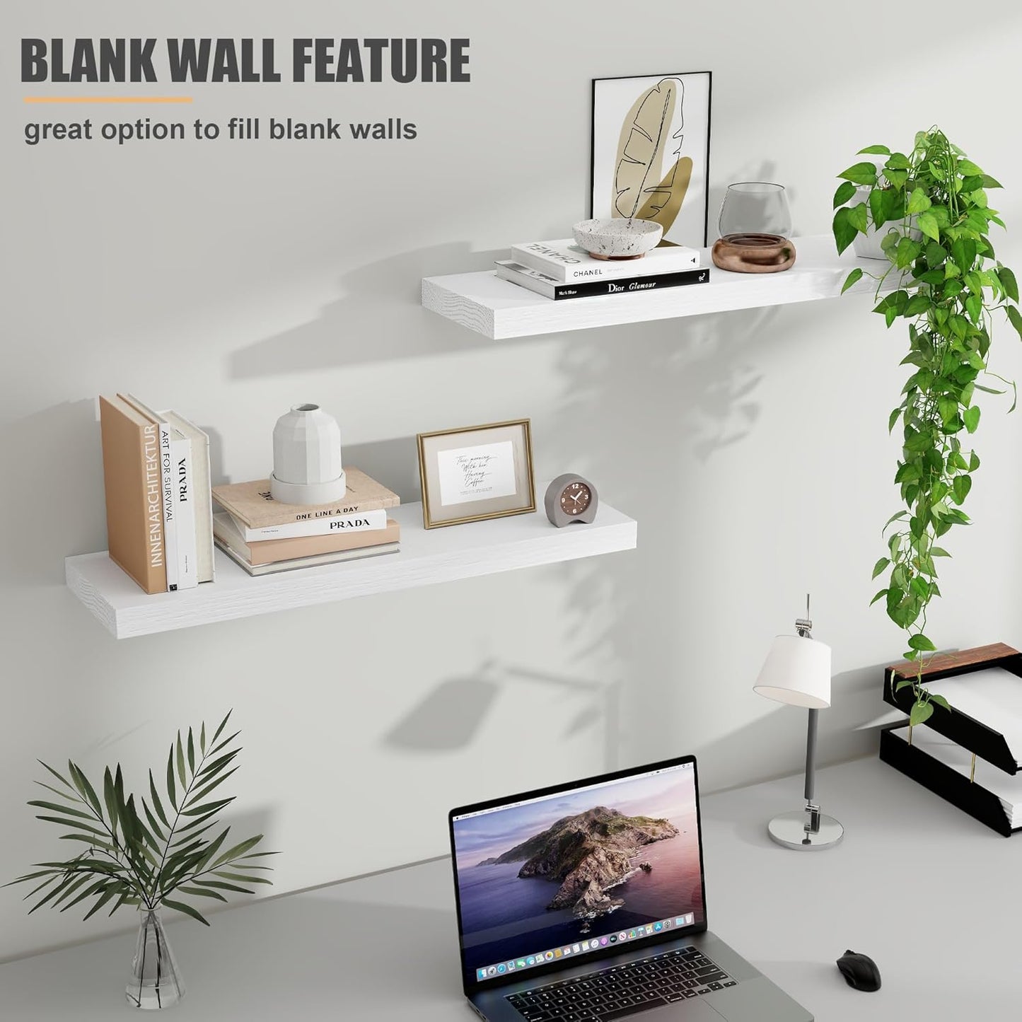 ShelfLoft 24" Wide x 8" Deep 66lbs Solid Oak Wood Floating Shelves Wall Mounted Display Shelf,White Finish-2 Pack