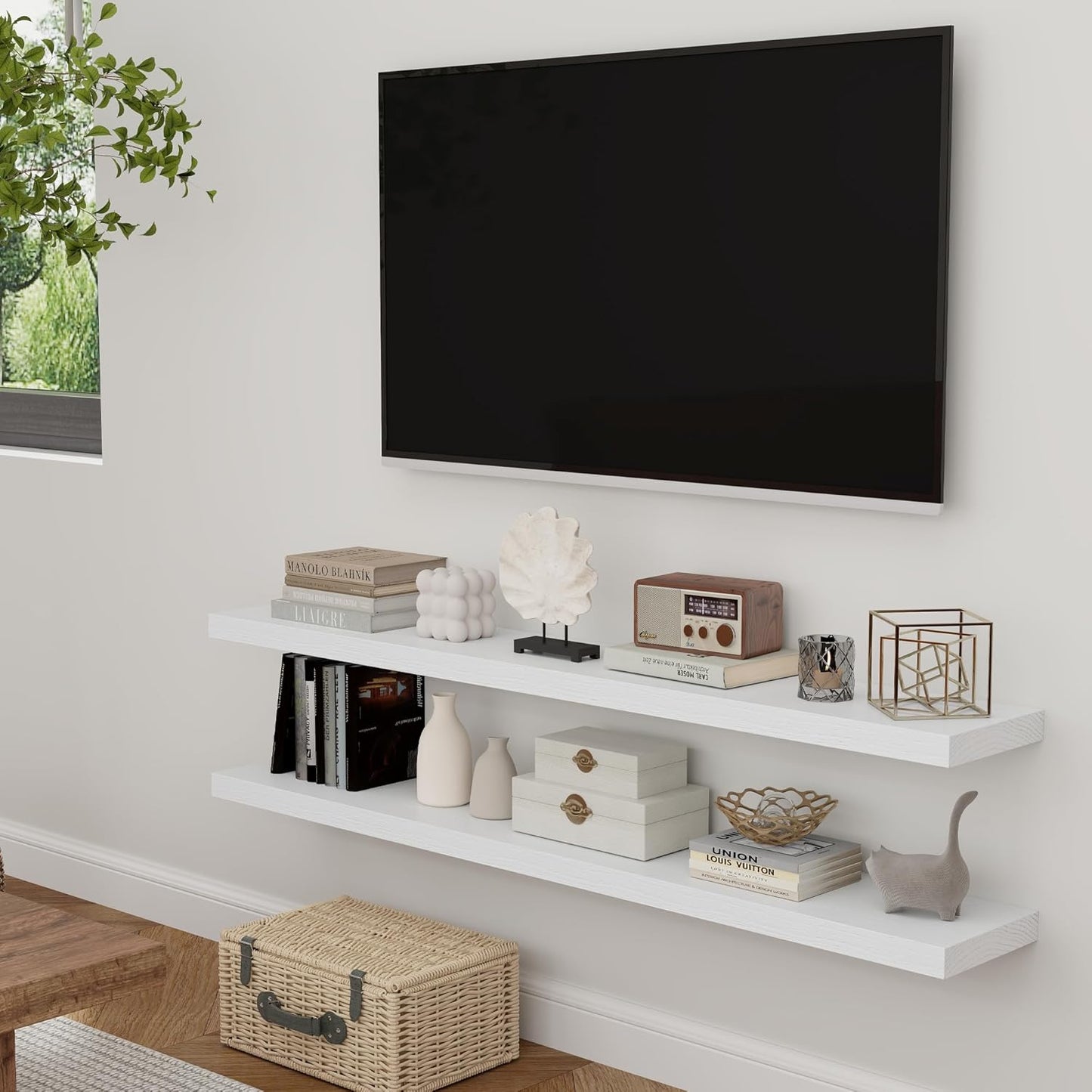 ShelfLoft 48" Wide x 8" Deep 88lbs Solid Oak Wood Floating Shelves Wall Mounted Display Shelf,White Finish-1 Pack