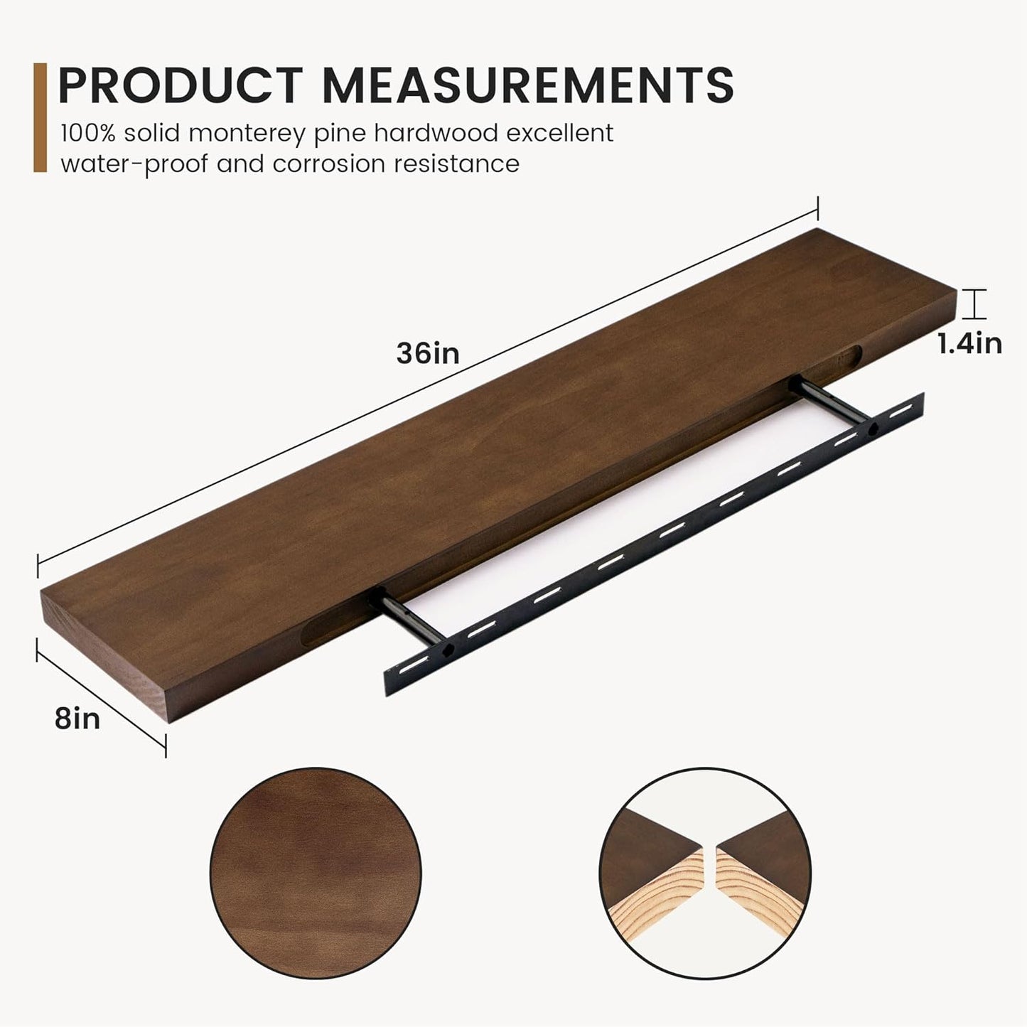 ShelfLoft 8"D x 1.4"H American Walnut Usa-sourced Pine Wood Farmhouse Floating Shelves