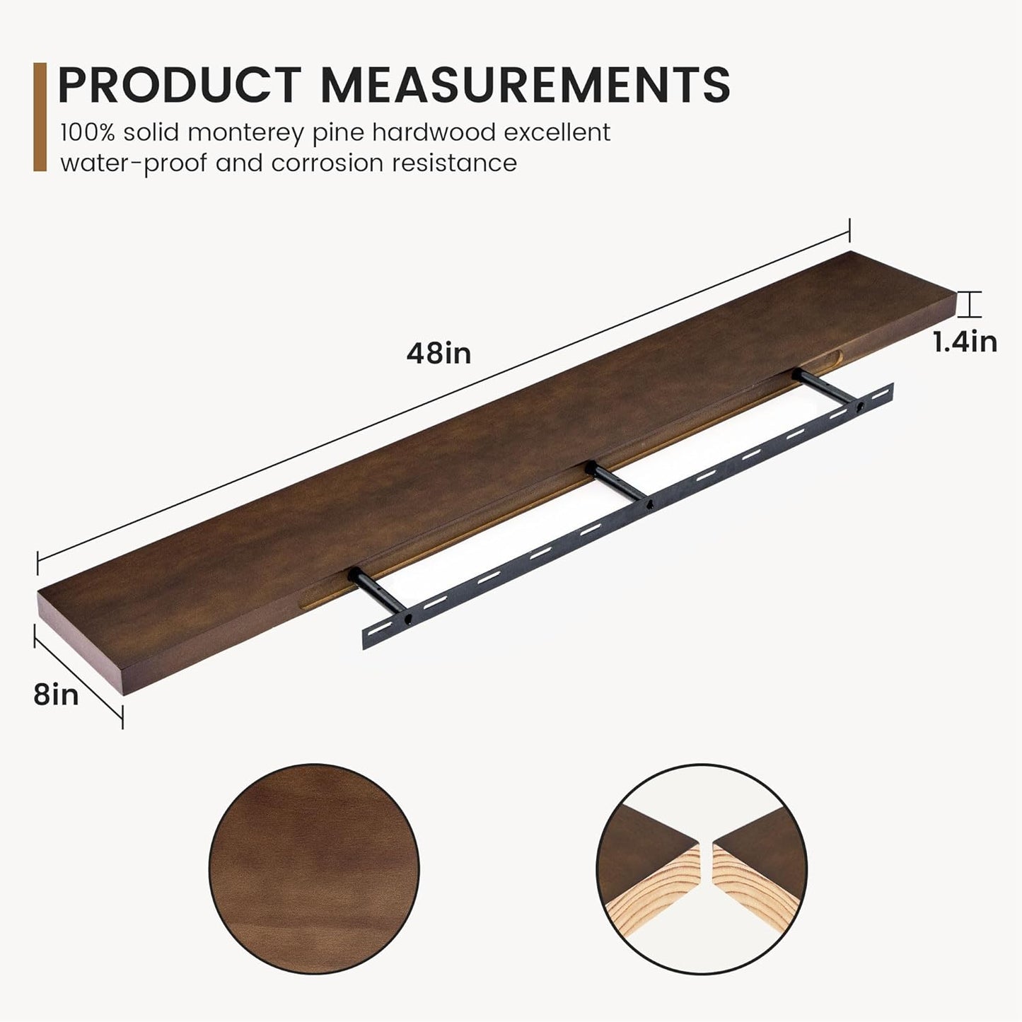 ShelfLoft 8"D x 1.4"H American Walnut Usa-sourced Pine Wood Farmhouse Floating Shelves