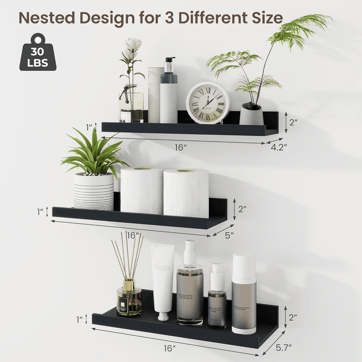 ShelfLoft 5.7 Inch Deep Picture Ledge Shelf Floating Shelves with Lip, Set of 3