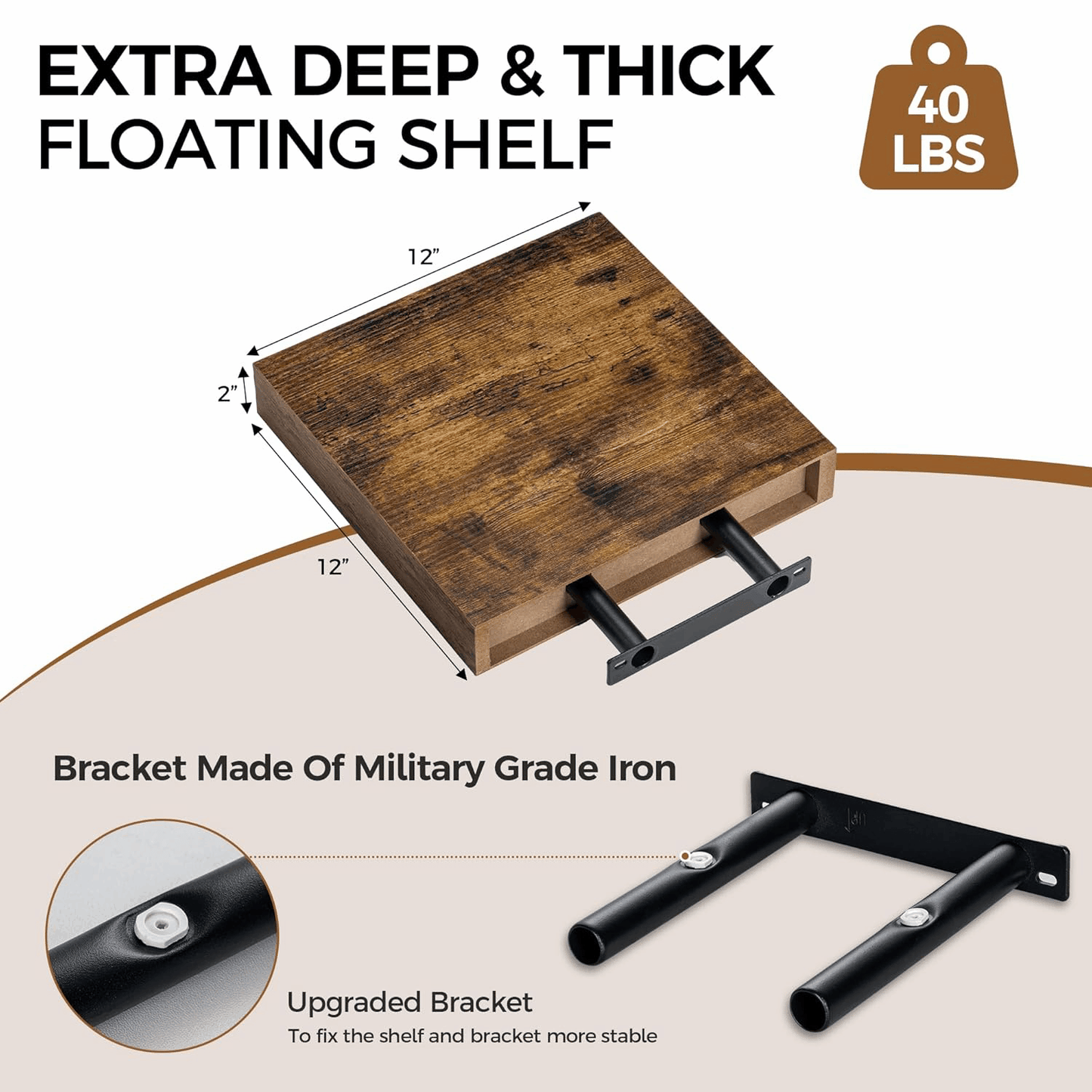 ShelfLoft 12 Inch Deep Rustic Wood Floating Shelves for Wall Decor & Storage