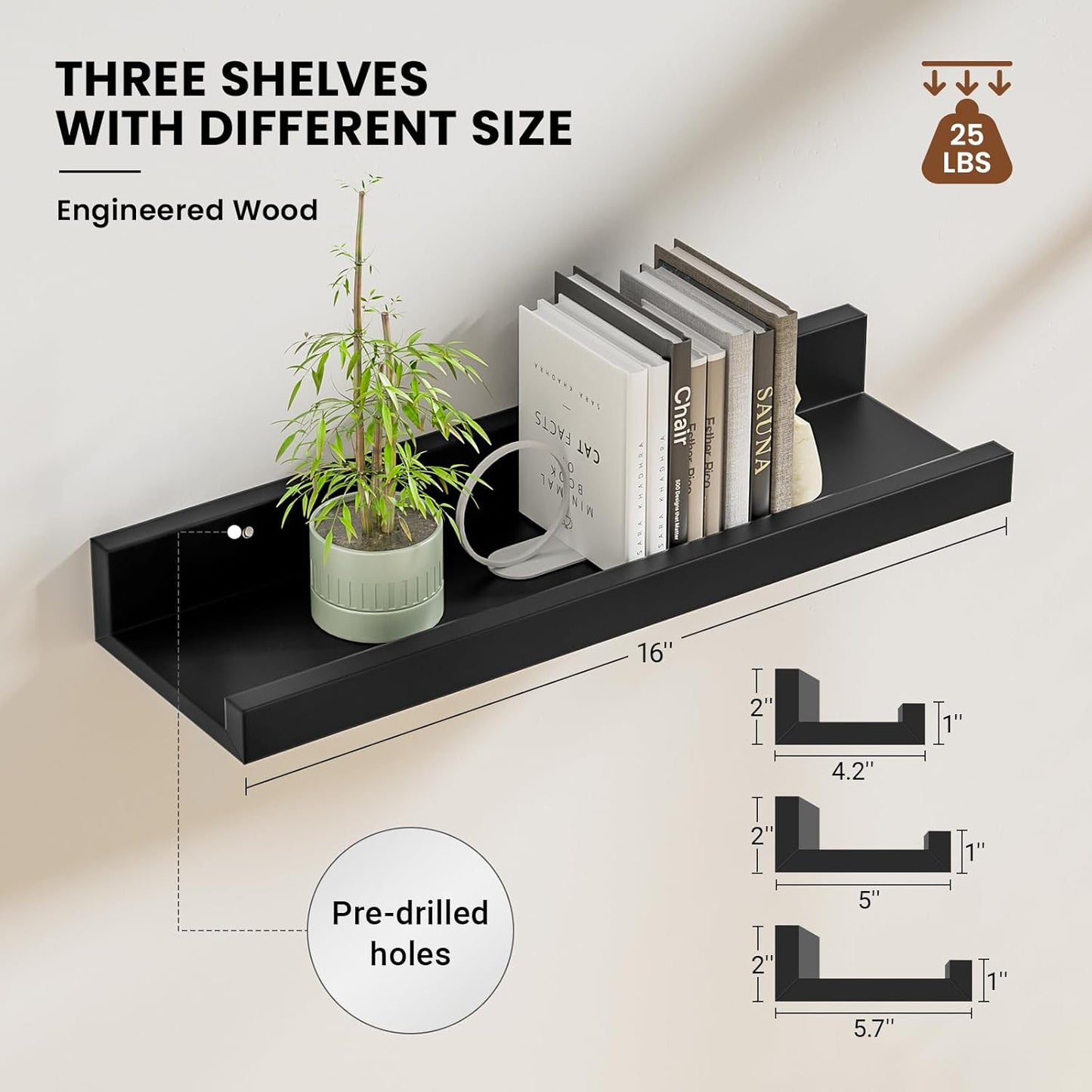 ShelfLoft 5.7 Inch Deep Picture Ledge Shelf Floating Shelves Set of 3