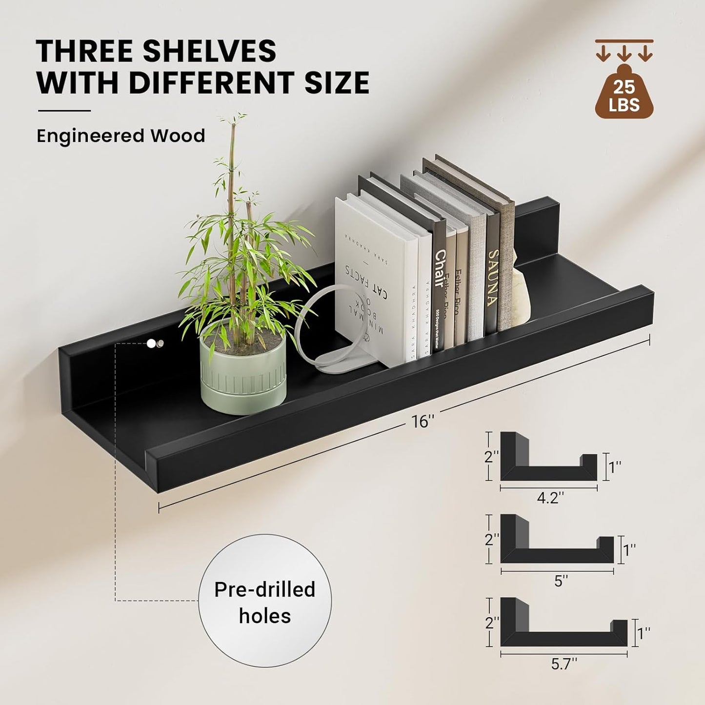 ShelfLoft 16" Wide x 5.7" Deep Picture Ledge Shelf Floating Shelves,3 Pack