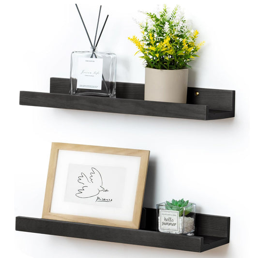 ShelfLoft 5.5"D x 2"H Black Pine Wood Picture Ledge Shelf Wall Shelves with Lip, 2 Pack