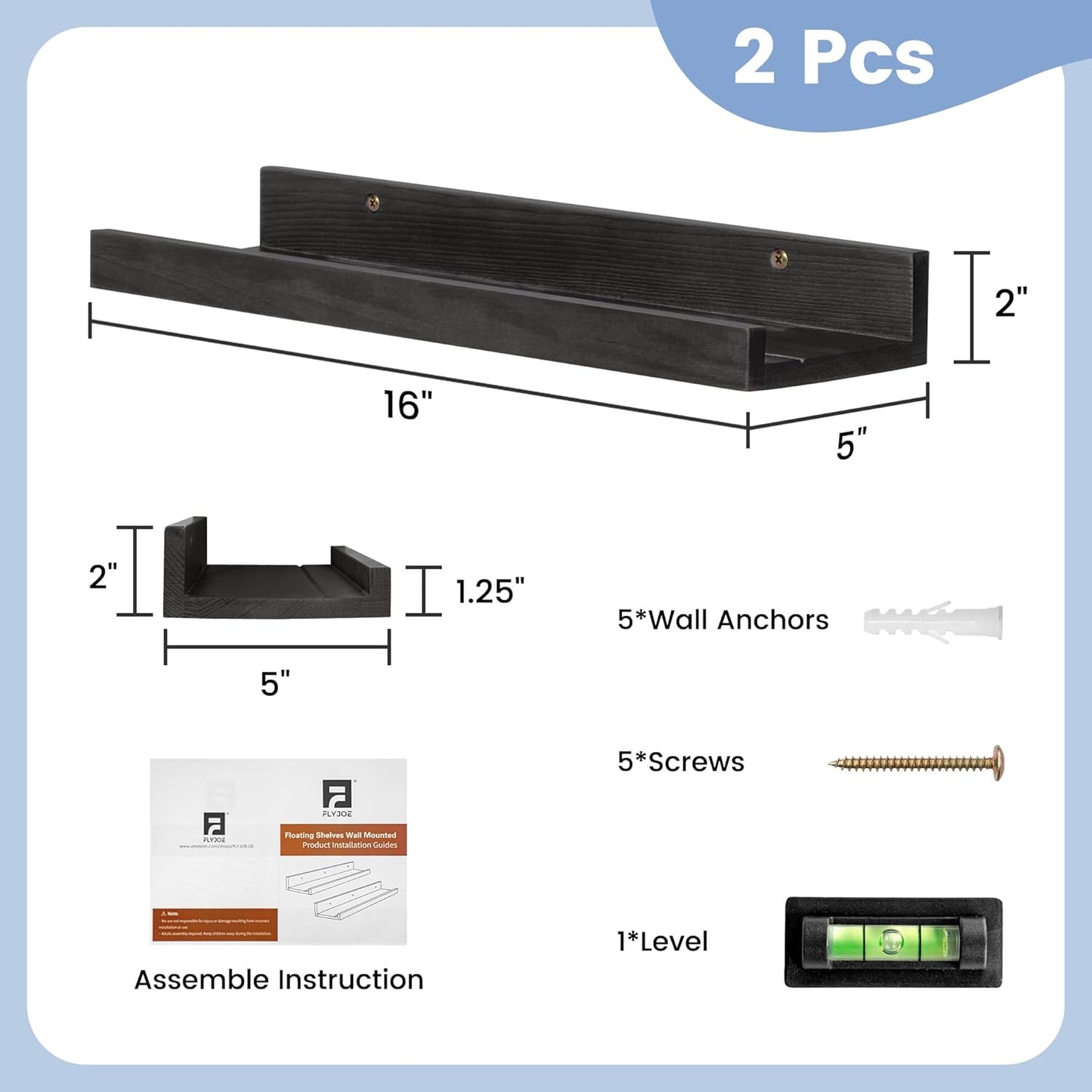 ShelfLoft 5.5"D x 2"H Black Pine Wood Picture Ledge Shelf Wall Shelves with Lip, 2 Pack