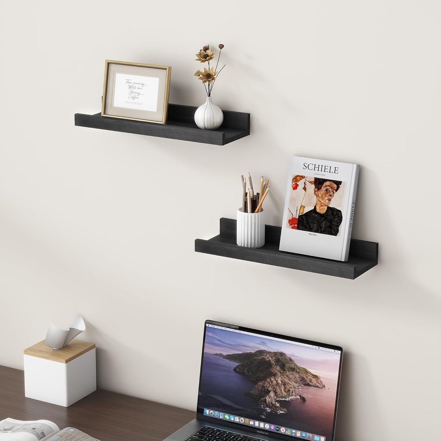 ShelfLoft 5.5"D x 2"H Black Pine Wood Picture Ledge Shelf Wall Shelves with Lip, 2 Pack