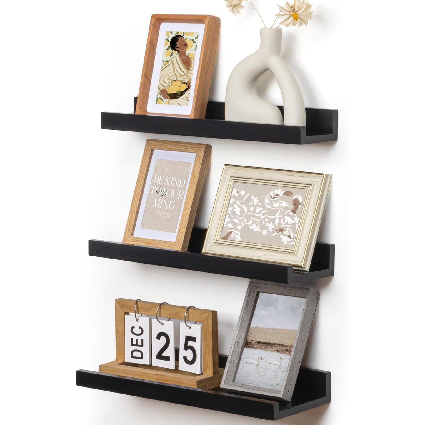 ShelfLoft 5.5"D x 2"H Black Pine Wood Picture Ledge Shelf Wall Shelves with Lip, 2 Pack