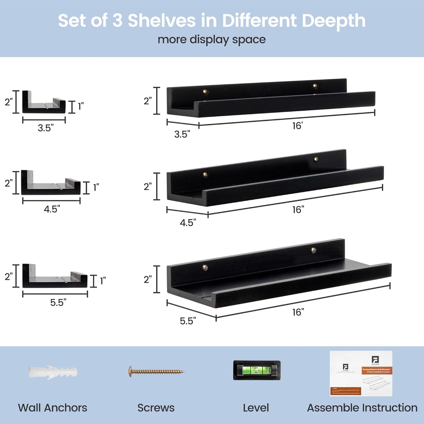 ShelfLoft 5.5"D x 2"H Black Pine Wood Picture Ledge Shelf Wall Shelves with Lip, 2 Pack