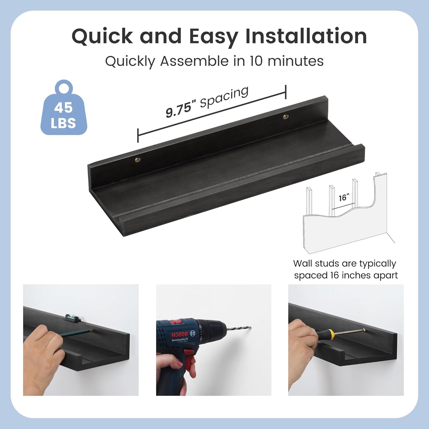 ShelfLoft 5.5"D x 2"H Black Pine Wood Picture Ledge Shelf Wall Shelves with Lip, 2 Pack