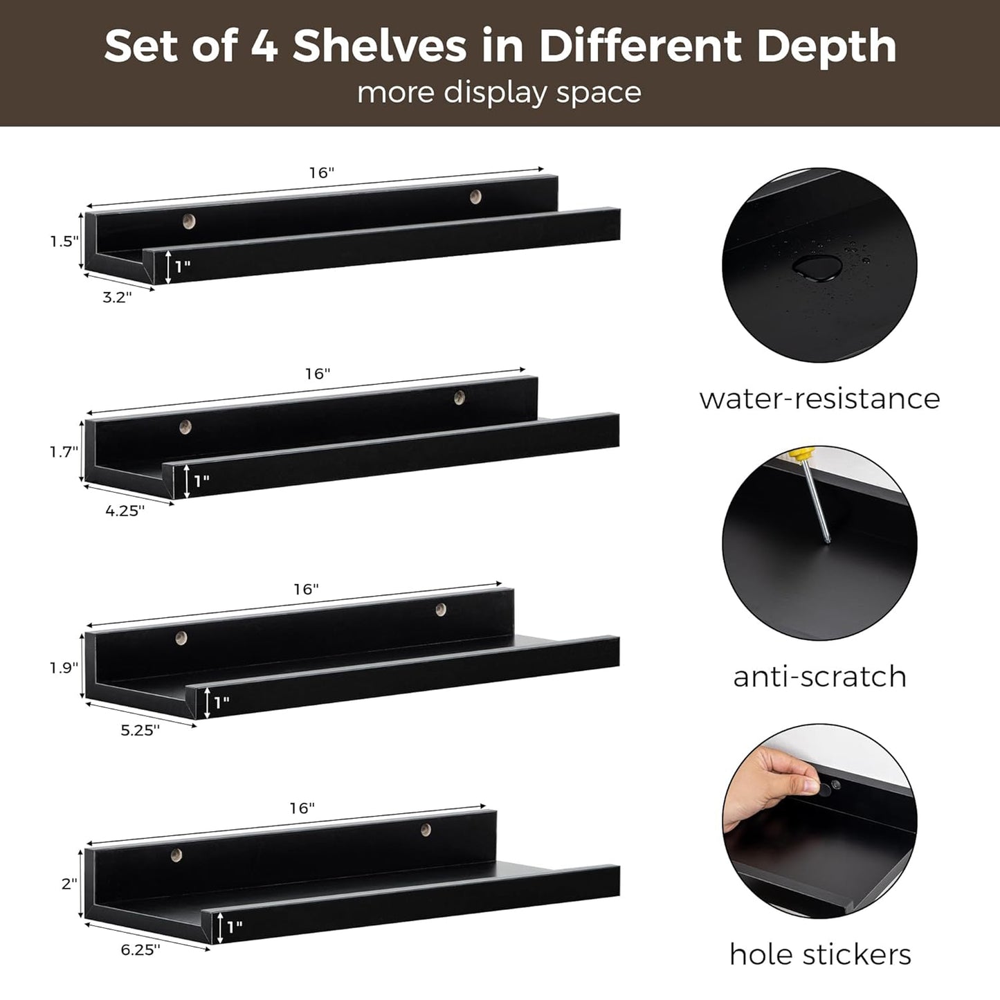 ShelfLoft 6.25 Inch Deep Picture Ledge Floating Shelves for Wall Storage,Set of 4