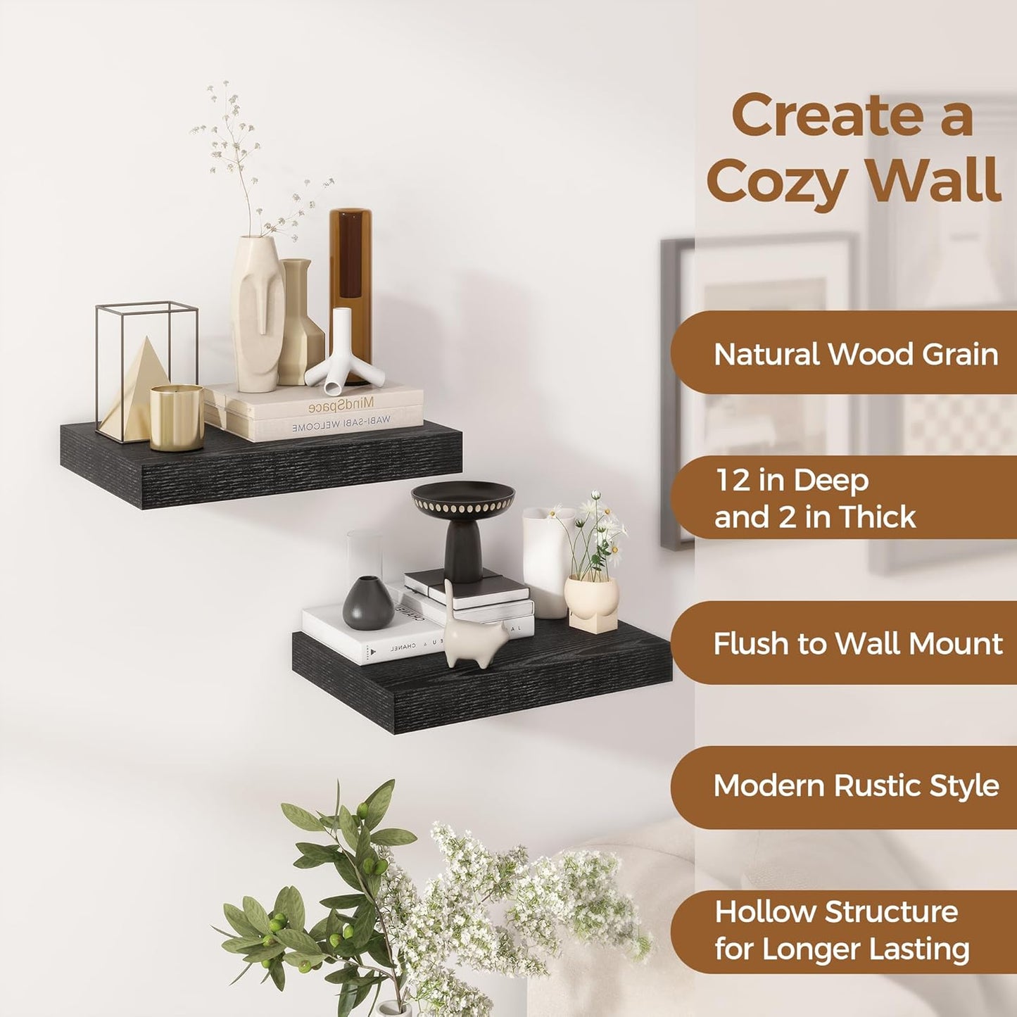 ShelfLoft 12 Inch Deep Rustic Wood Floating Shelves for Wall Decor & Storage