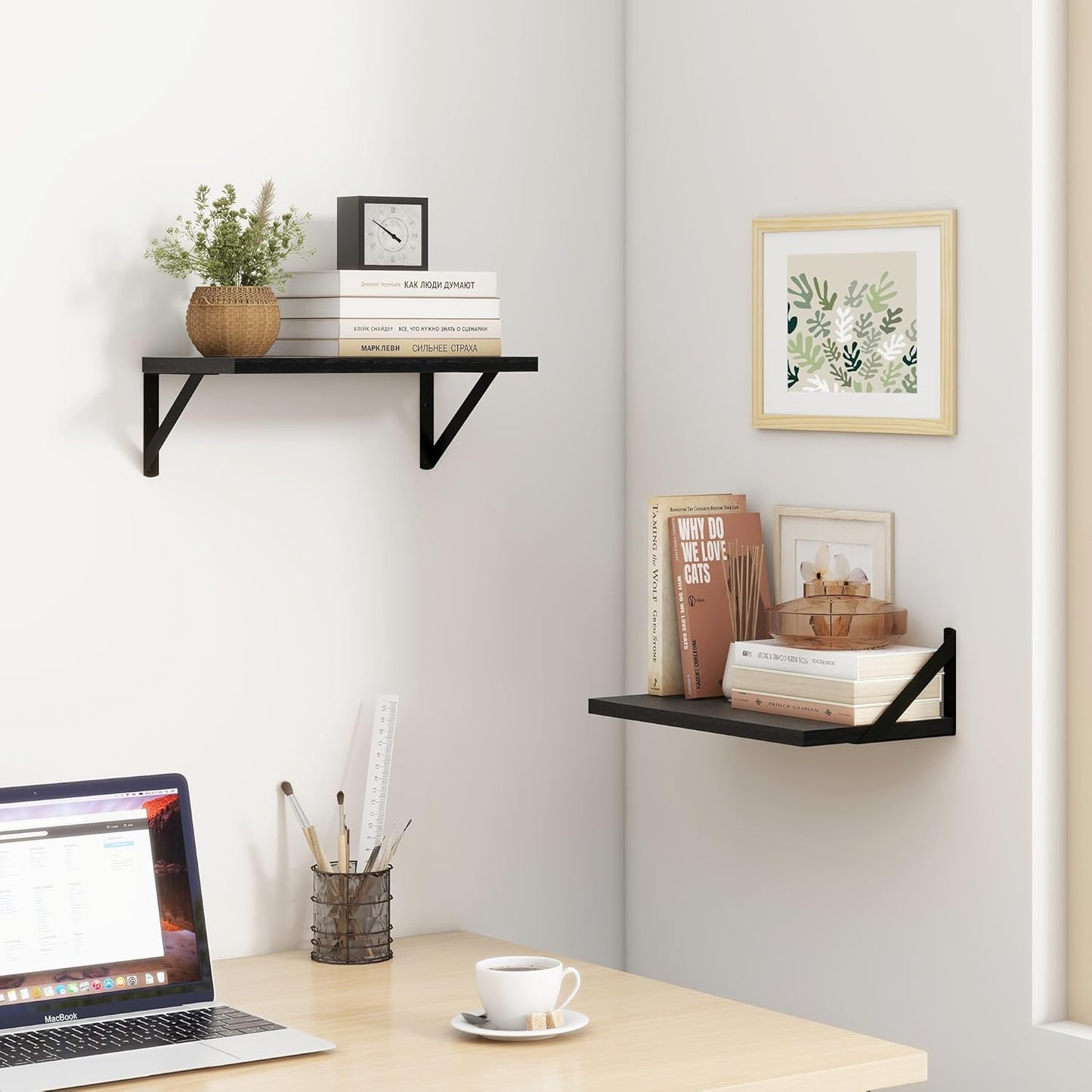 ShelfLoft 16" Wide x 8" Deep Floating Shelves with Brackets, Black-2 Pack