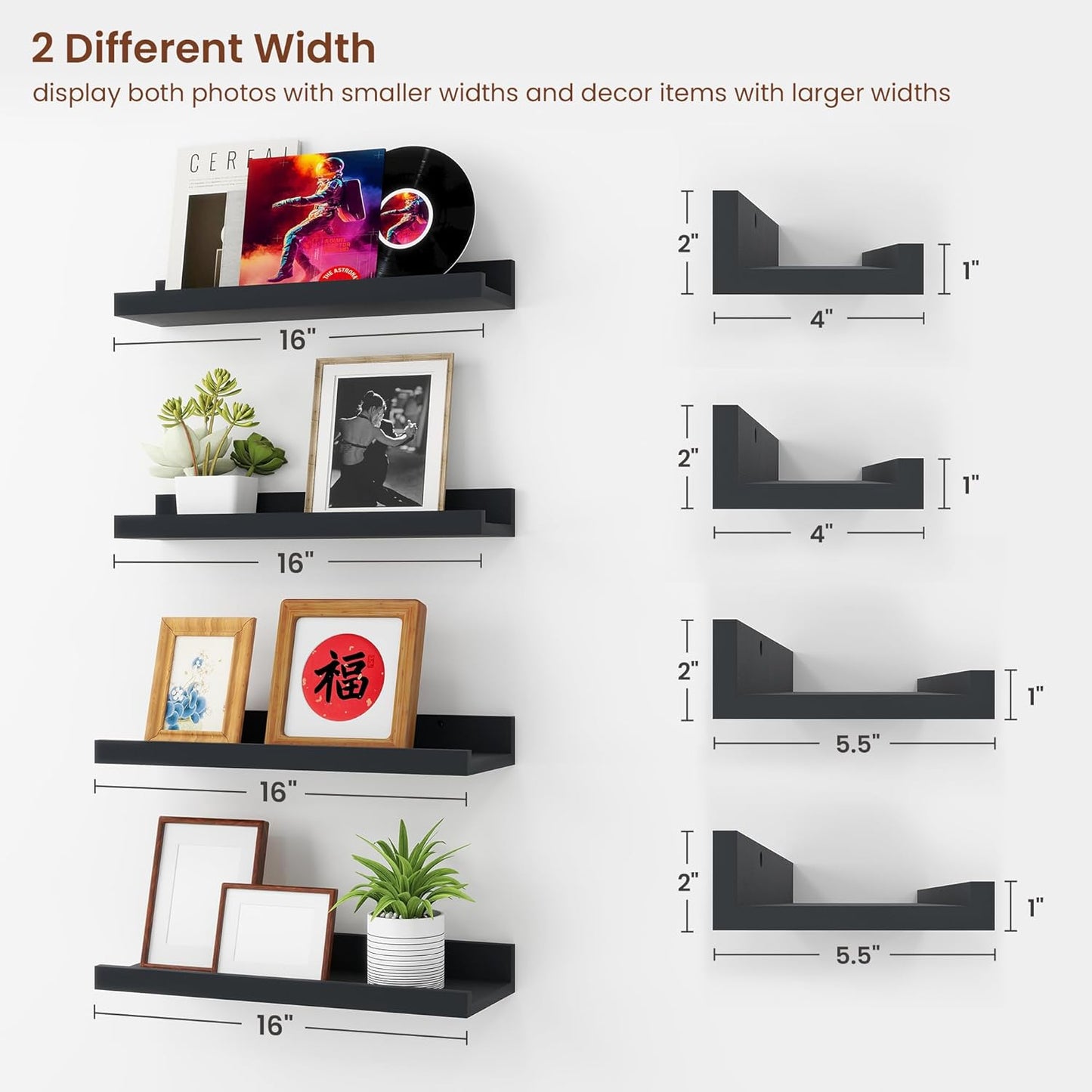 ShelfLoft 5.5"D x 2"H Black Picture Ledge Shelf Wall Display Floating Shelves with Lip