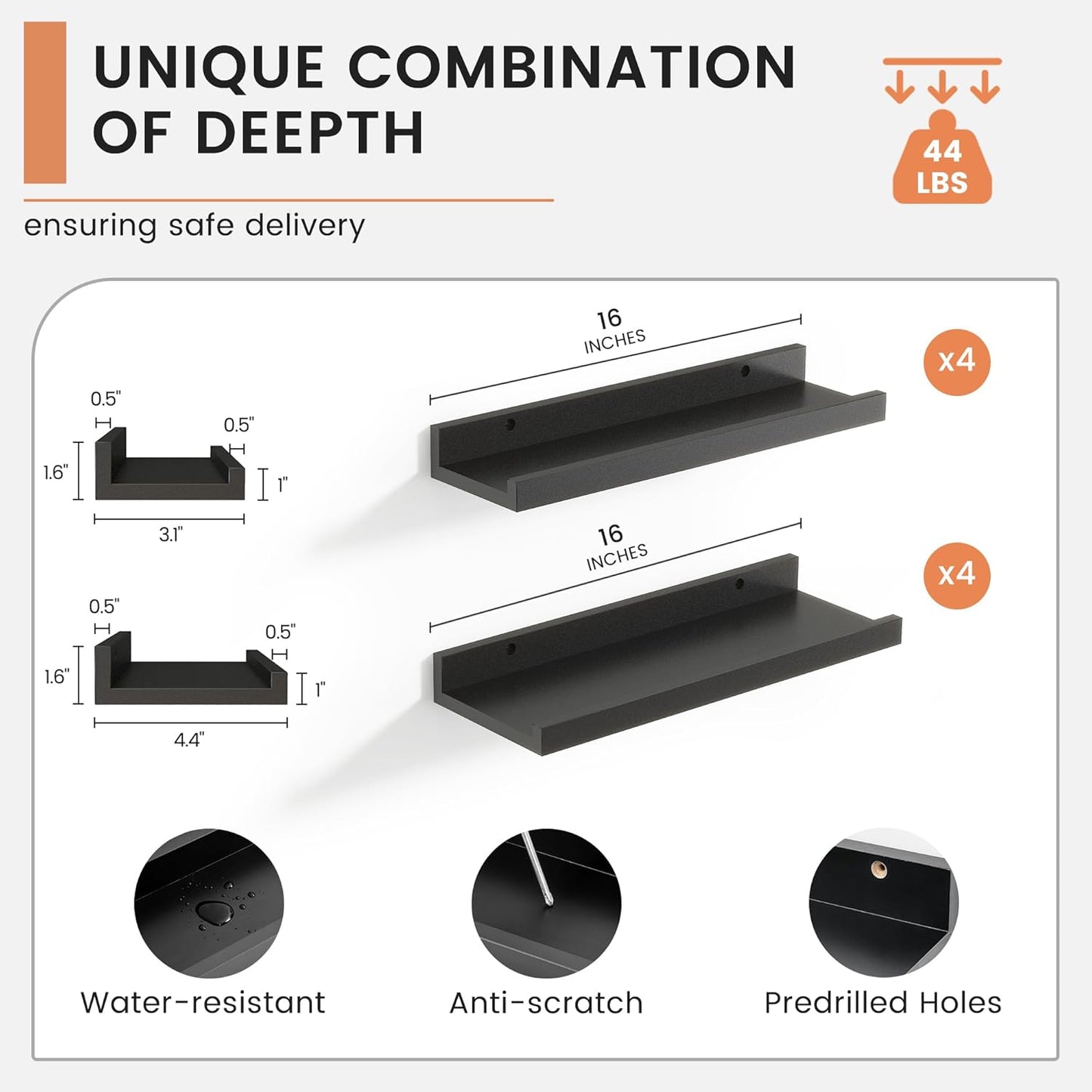 ShelfLoft 4.7"D x 2"H Black Picture Ledge Floating Shelves