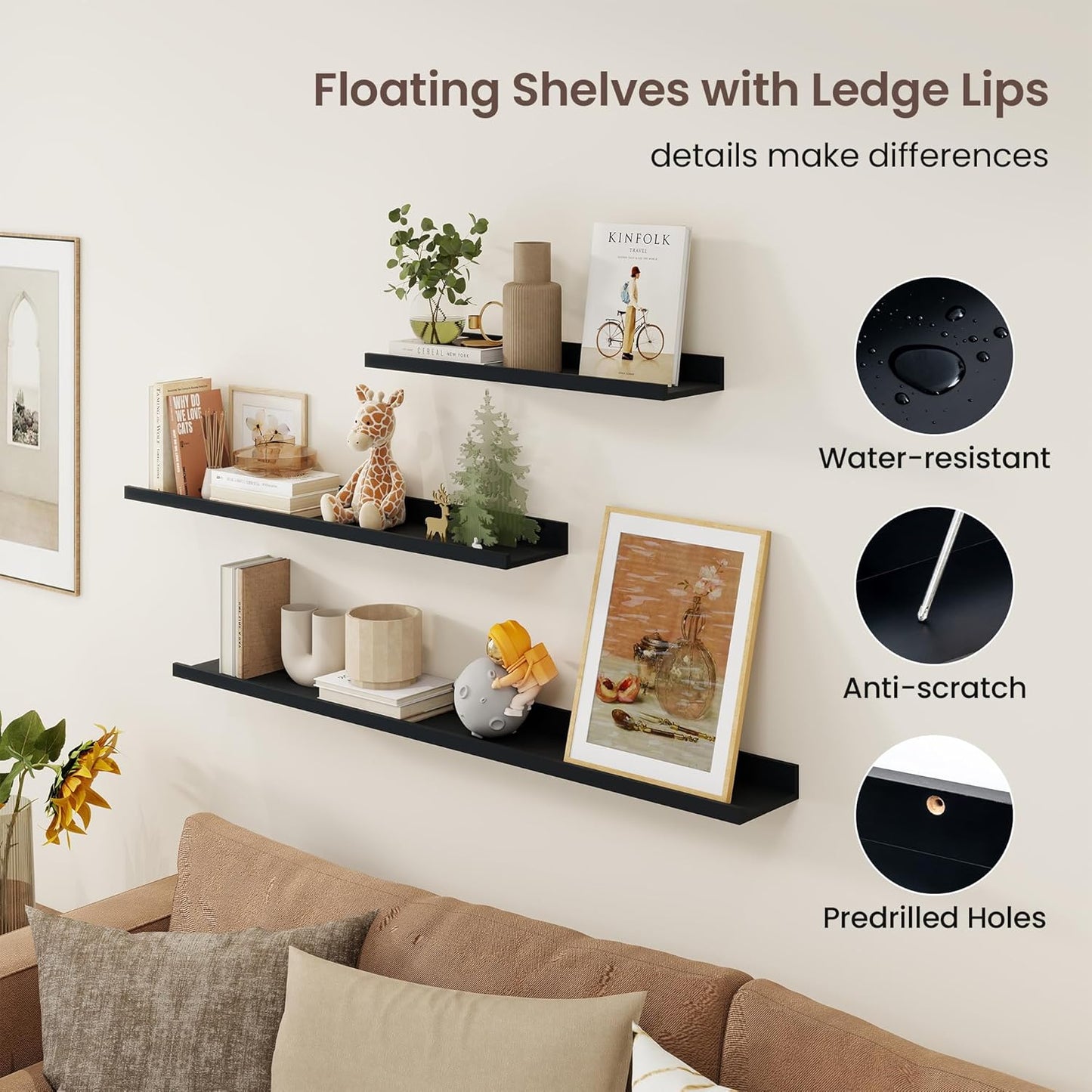 ShelfLoft 5.7 Inch Deep Picture Ledge Shelf Floating Shelves with Lip, Set of 3