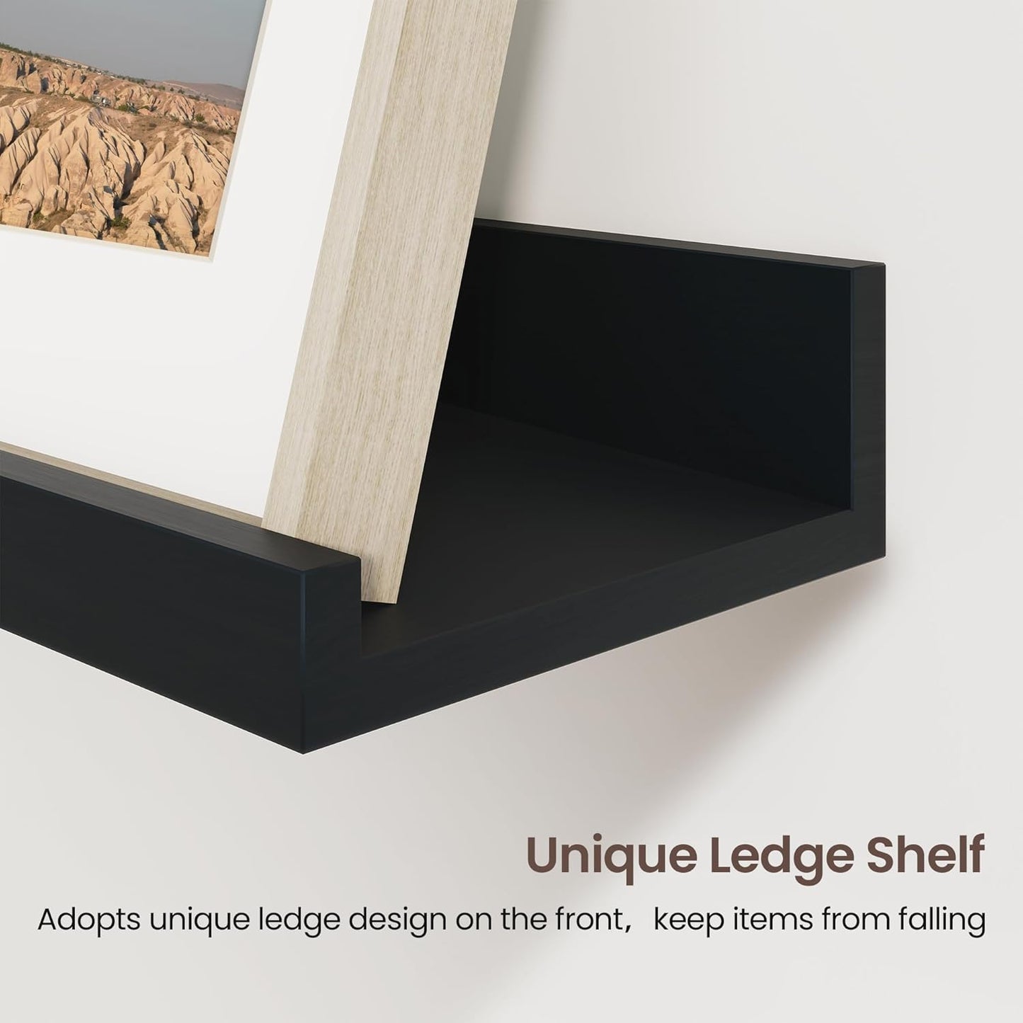 ShelfLoft 16"W x 4.2"D Black Picture Ledge Shelf Floating Shelves with Lip Set of 3