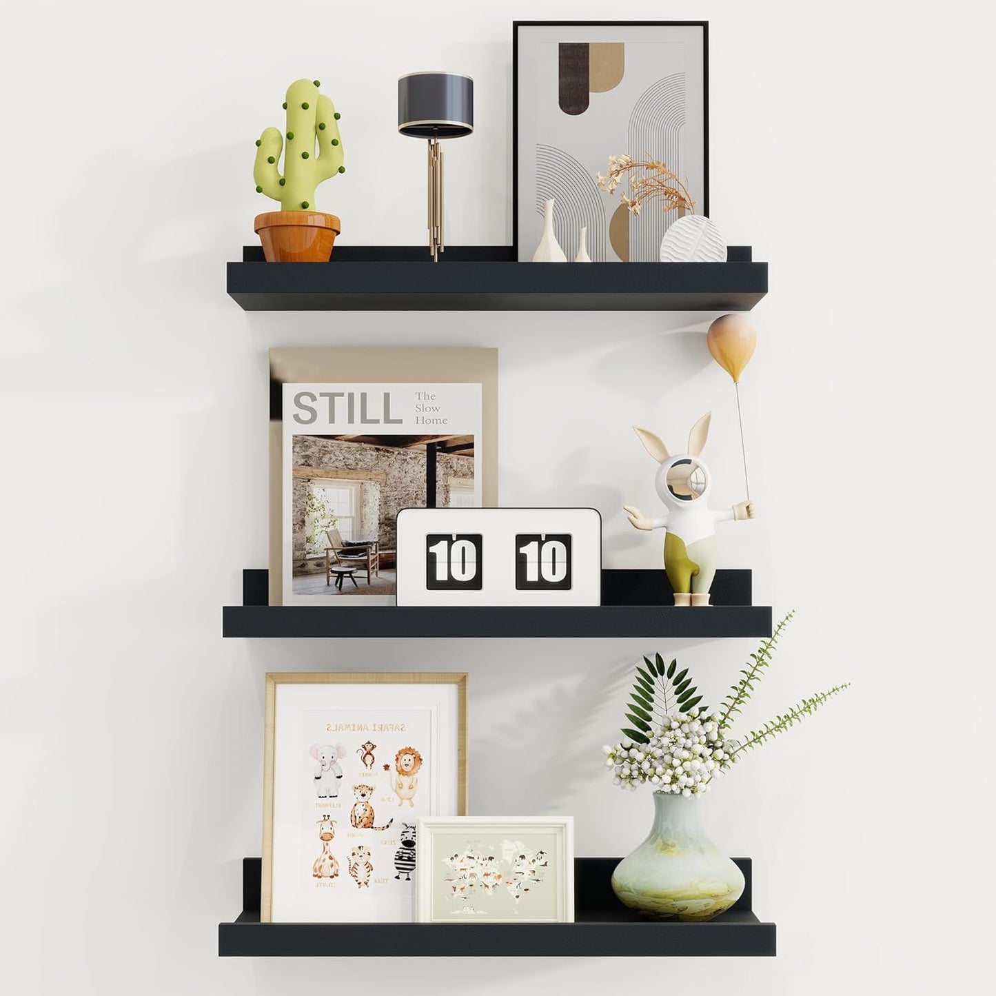 ShelfLoft 16"W x 4.2"D Black Picture Ledge Shelf Floating Shelves with Lip Set of 3