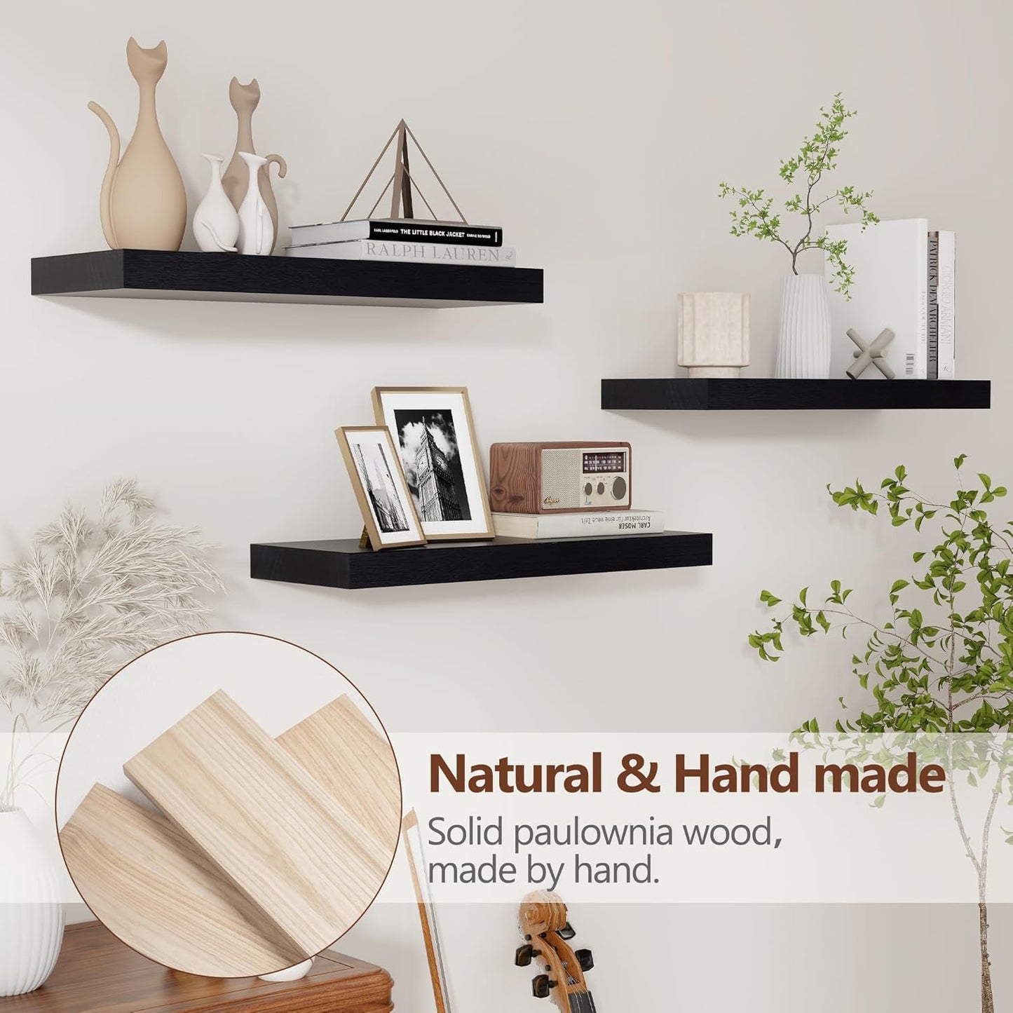 ShelfLoft 17"W x 6.7"D Paulownia Wood Wall Display Decor Floating Shelves,Black-3 Pack