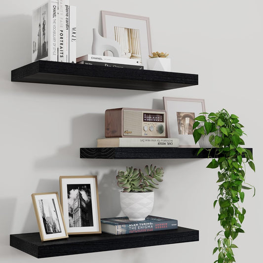 ShelfLoft 17""W x 6.7"D Natural Paulownia Wood Floating Shelves,Distressed Black-3 Pack